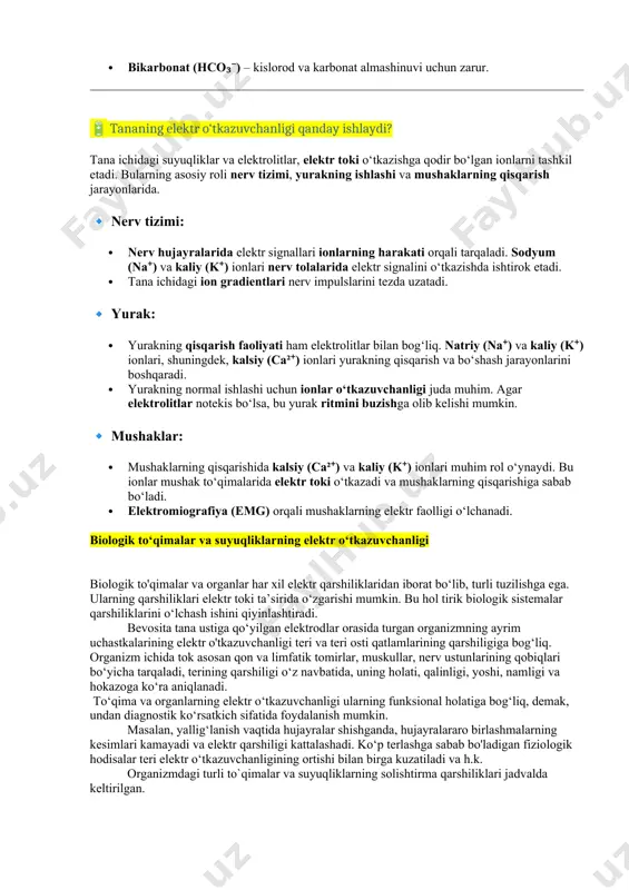 klarning qisqarishida kalsiy (ca²⁺) va kaliy (k⁺) ionlari muhim rol o‘ynaydi. bu ionlar mushak to‘qimalarida elektr toki o‘tkazadi va mushaklarning qisqarishiga sabab bo‘ladi. · elektromiografiya (emg) orqali mushaklarning elektr faolligi o‘lchanadi. biologik to‘qimalar va suyuqliklarning elektr o‘tkazuvchanligi biologik to'qimalar va organlar har xil elektr qarshiliklaridan iborat bo‘lib, turli tuzilishga ega. ularning qarshiliklari elektr toki ta’sirida o‘zgarishi mumkin. bu hol tirik biologik sistemalar qarshiliklarini o‘lchash ishini qiyinlashtiradi. bevosita tana ustiga qo‘yilgan elektrodlar orasida turgan organizmning ayrim uchastkalarining elektr o'tkazuvchanligi teri va teri osti qatlamlarining qarshiligiga bog‘liq. organizm ichida tok asosan qon va limfatik tomirlar, muskullar, nerv ustunlarining qobiqlari bo‘yicha tarqaladi, terining qarshiligi o‘z navbatida, uning holati, qalinligi, yoshi, namligi va hokazoga ko‘ra aniqlanadi. to‘qima va organlarning elektr o‘tkazuvchanligi ularning funksional holatiga bog‘liq, demak, undan diagnostik ko‘rsatkich sifatida foydalanish mumkin. masalan, yallig‘lanish vaqtida hujayralar shishganda, hujayralararo birlashmalarning kesimlari kamayadi va elektr qarshiligi kattalashadi. ko‘p terlashga sabab bo'ladigan fiziologik hodisalar teri elektr o‘tkazuvchanligining …