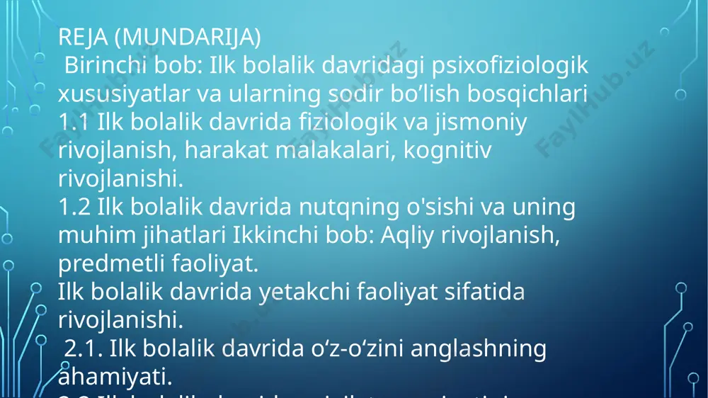 avrida nutqning o'sishi va uning muhim jihatlari. nutq - bu yoshlarda nafaqat muloqot, balki bola tafakkurining rivojlanishi va o‘zini-o‘zi, shuningdek, bilish jarayonlarini boshqarish vositasi bo‘lib ham xizmat qiladi.uch yoshli bolalarda hukmning oddiy turlarini ko‘rish mumkin. bu hukm turlari doimo faqat o‘zi bevosita idrok qilayotgan va yakka predmetlarga taalluqli bo‘ladi. bola ikki yarim yoshga yetganda savollar bera boshlaydi. avvaliga savollar ko‘proq predmetlarning nomi to‘g‘risida bo‘lsa, keyinchalik savollar asosan predmetlarning qanday maqsadlarda qo‘llanilishi va nimalarga ishlatilishi to'g‘risida (masalan, bu nima?, bu bilan nima qilinadi?, bu nimalarga ishlatiladi? kabi) bo‘ladi. bola tafakkurining rivojlanishi nutqning o‘sishi bilan mustahkam bog‘langandir, nutqning o‘sishi tafakkurning rivojlanishiga yordam beradi, chunki so‘z narsa, predmet va harakatlar bilan o‘zaro munosabatda bo‘ladi. 0‘z navbatida, tafakkurning rivojlanish darajasi so‘z zaxirasining oshishiga, umuman, nutqning o‘sishiga yordam beradi. bu yoshdagi bolalarning yana bir muhim yutug‘i, ona tilini o‘zlashtirib olishlaridir. bir yoshdan uch yoshgacha bo‘lgan davr nutqning jadallik bilan o‘sish davri hisoblanadi. nutq bola hayotining …