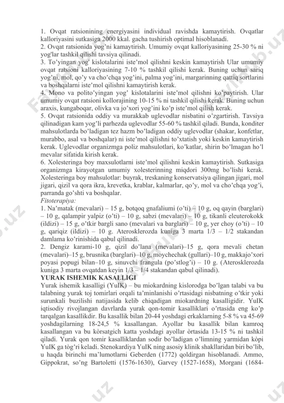 asi, yelka oyoqlar va boshqalar) boʼlishi ksantelazmalar deyiladi. bu belgi nafaqat aterosklerozda, balki xolestaz va glp bilan kechadigan baʼzi jigar kasalliklarida ham uchraydi. 2. koʼzning shoh pardasining qarilik yoyi – koʼz shox pardasi chetida och- kulrang dogʼning boʼlishi. qariyalar shoh parda yoyi erta qarishning (soch oqarishi, teri turgorining pasayishi) belgilari. aterosklerozni davolash va profilaktikasi. aterosklerozni davolashning eng birinchi printsipi – bu shu kasallikni keltirib chiqaruvchi omillarini bartaraf qilish yoki ular taʼsirini susaytirishdir. bu kasallikning davolashning ikkinchi printsipi – bu hosil bòlgan aterosklerotik pilakchaning turgʼun xolatining buzilishini oldini olish.bu bilan miokard infarkti, bosh miya insulti va toʼsatdan oʼlimlarning oldi olinadi. dorisiz davolash. aterosklerozni dorisiz davolashning asoslari quydagilar: yogʼ almashinuvi buzilishini bartaraf qiladigan va tana vaznini kamaytiradigan parxez qoʼllash; chekishdan voz kechish; spirtlik ichimlmklarni koʼp isteʼmol qilmaslik; jismoniy faollikning meyorda boʼlishi; imkon qadar asabiy zoʼriqishlarni bartaraf qilish. buning uchun ateroskleroz bilan kasallangan bemor hayot tarzini oʼzgartirishi kerak. g i p o l …