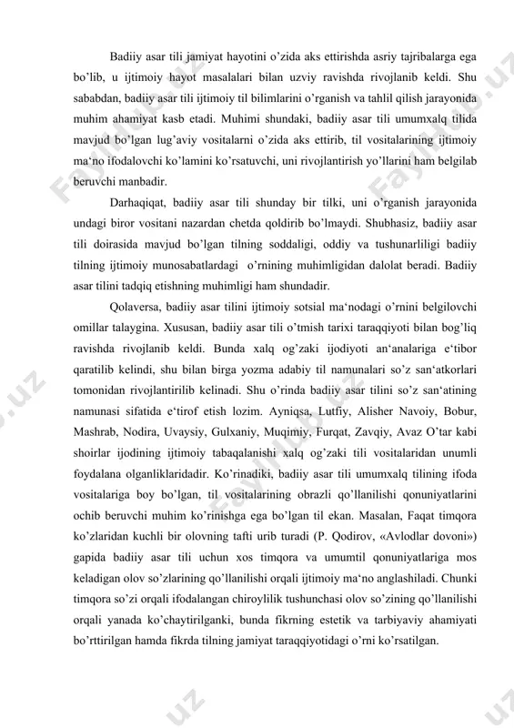 im ko’rinishga ega bo’lgan til ekan. masalan, faqat timqora ko’zlaridan kuchli bir olovning tafti urib turadi (p. qodirov, «avlodlar dovoni») gapida badiiy asar tili uchun xos timqora va umumtil qonuniyatlariga mos keladigan olov so’zlarining qo’llanilishi orqali ijtimoiy ma‘no anglashiladi. chunki timqora so’zi orqali ifodalangan chiroylilik tushunchasi olov so’zining qo’llanilishi orqali yanada ko’chaytirilganki, bunda fikrning estetik va tarbiyaviy ahamiyati bo’rttirilgan hamda fikrda tilning jamiyat taraqqiyotidagi o’rni ko’rsatilgan. binobarin, badiiy asar tili umumxalq tilining shunday bir ko’rinishiki, unda so’z xoh o’z ma‘nosida, xoh ko’chma ma‘noda bo’lmasin, ijtimoiy munosabatlarda o’z ta‘sirchanligini bildirib boradi. shuning uchun ham badiiy asar tili o’ziga xos ma‘no kasb etadi. ta‘kidlash joizki, badiiy asar tili tushunchalari barcha xalqlarda bir xil, lekin har bir xalqning urf-odati, yashash tarzi, shu xalqning ijtimoiy xususiyatlari har xil bo’ladi, bu har bir xalq badiiy asar tilining bir-biridan farqlovchi ba‘zi muhim yoki muhim bo’lmagan belgilari mavjud ekanligini ko’rsatadi. shu ma‘noda o’zbek badiiy asar tili ham …