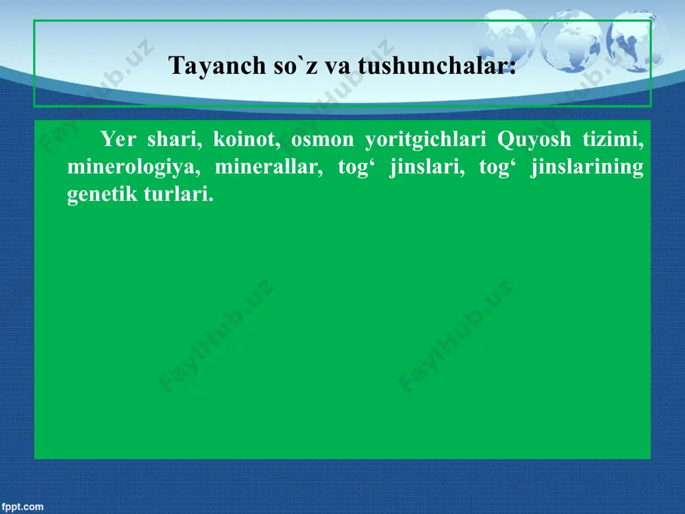 b, quyosh sistemasi ham ushbu gallaktika tarkibiga kiradi. quyosh sistemasi gallaktikani taxminan 250 m/s tezlik bilan 200 mln yilda bir marta aylanib chiqadi. b esa gallaktika yili deb ataladi. quyosh turkumida 8 ta katta sayyora, bir necha ming kichik sayyoralar, asteroidlar, meteoritlarva kometalar va boshqa osmon jismlaridan iborat. quyosh turkumining diametri 12 mlrd km bo‘lib, uni yorug‘lik nuri 11 soatda kesib o‘tadi. osmon yoritgichlari haqida tushuncha : a s t e r o i d l a r. kichik planetalardir. chunki katta o‘lchamga ega emas, tuzilish ham turli xil, asosan mars va yupiter orbitalari oralig‘ida harakatlanadi (2-rasm). ularnig hozirgi kundagi umumiy soni 1700 dan ortiq. lekin barchasini yig‘ib hisoblaganda yer hajmining atigi 0.1% ni tashkil qiladi xolos. osmon yoritgichlari haqida tushuncha : m e t e o r i t l a r - yanada kichik o‘lchamdagi fazoviy jismlar. ular asosan yerda mavjud bo‘lgan nikel, alyuminiy, temir, kremniy kabi kimyoviy …