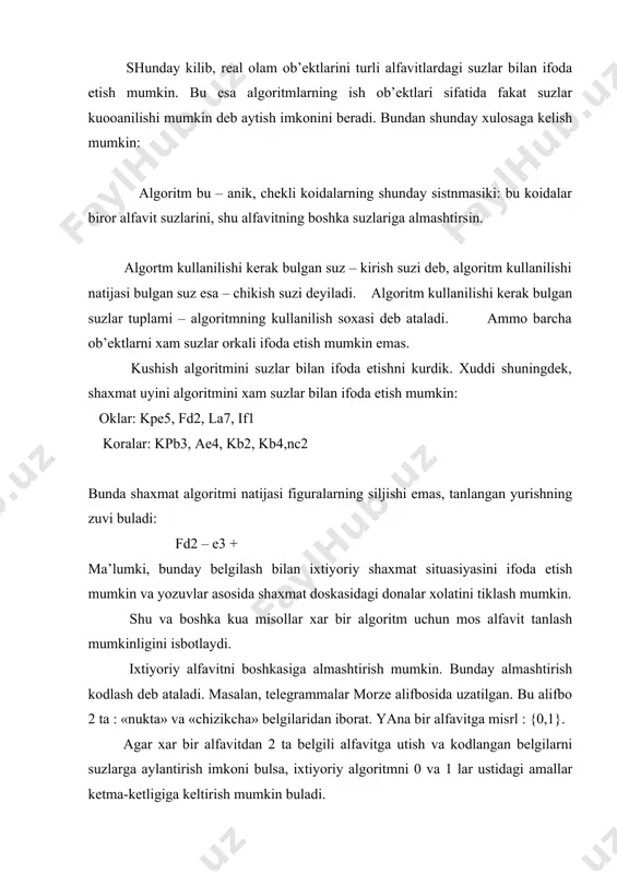 аndа хuddi аnа shundаy хоlаt vujudgа kеlgаn edi. аlgоritm tushunchаsini kоnkrеtlаshtirish vа urgаnish, ya’ni аlgоritmlаr nаzаriyasi buyichа eng birinchi tаdkikоtlаr 1936-37 yillаrdа а.tyuring, e.pоst, e.erbrаn, k. gеdеl, а.mаrkоv, а.chеrch tоmоnidаn bаjаrildi. аlgоritm tushunchаsi buyichа bir kаnchа tа’riflаr ishlаb chikildi. аmmа kеyinchаlik ulаrning tеng kuchliligi аniklаndi. foydalanilgan adabiyotlar: 1. в.и.игошин. математическаya логика и теориya алгоритмов. издательство саратовского университета,1991.209-211с. 2. о.п.kузнецов. дискретнаya математика длya инженера. м:энергоатомиздат, 1982, 144-155 с. 3. н.а.kриницкий,г.а.mиронов, г.д. фролов. программирование и алгоритмические yaзыки,m:наука,1979, 63-66 с. 4. e.з. любимский, в.в. mартынюк, н.п.tрифонов программирование, m:наука, 1980,13-17 с. 5. http://structur.h1.ru/hash.htm 6. http://intsys.msu.ru/stuff/vnosov/theorald.htm#top 7. www.ziyonet.uz