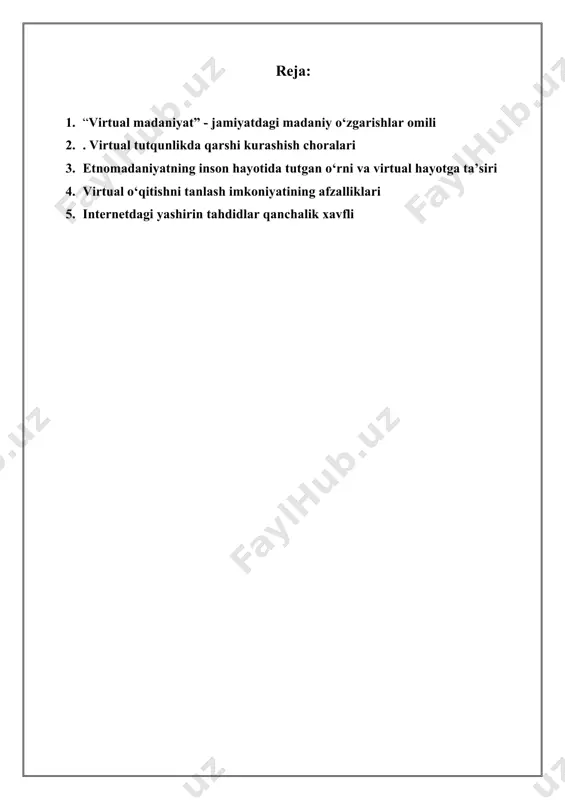 abul qiladi. postmodernizm davri odami, virtual voqelikka suyangan holda, g‘ayrat bilan "yashaydi", uning odatiyligini, parametrlarining nazorat qilinishini va undan chiqish imkoniyatini biladi". odamlar o‘rtasidagi munosabatlar tasvirlar o‘rtasidagi munosabatlar shakliga o‘tish istiqboli jamiyatni virtualizatsiya qilish istiqbolidir. bundan tashqari, madaniy makonda vaqtning o‘zgarishini anglashimiz mumkin. “eng so‘nggi aloqa texnologiyalari butunlay boshqacha, ilgari noma’lum bo‘lgan "global kosmik vaqt"ni yaratadi: mahalliy, cheklangan tom ma’noda, global bo‘lib qoladi va ma’lum vaqt nisbiy xarakterga ega bo‘ladi, chunki bu yoki boshqa voqea qachon va qanday sodir bo‘lganligi muhim emas”. bir tomondan, odam kompyuterda o‘tirishi va virtual aloqa makonining chegaralarini o‘rnatishi va mustaqil ravishda yaratishi bilan, dunyodagi istalgan manbadan istalgan masala bo‘yicha ma’lumot olishi mumkin; boshqa tomondan, ommaviy axborot vositalari fazoda vaqt konvergatsiyasi uchun misli ko‘rilmagan imkoniyatlarni ochib, musiqa, rasm, adabiyot, fan, siyosat, falsafani birlashtiradi. oldin tarqalib ketgan va tenglashtirilgan narsa hozir bir joyda bo‘lib, yagona global yaxlitlikka aylanadi. ushbu ma’lumotlar virtual makonda keng ishtirokchilar uchun mavjud va …