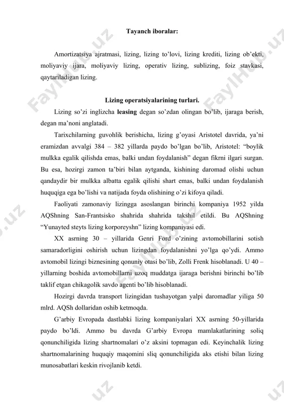 omalarining huquqiy maqomini sliq qonunchiligida aks etishi bilan lizing munosabatlari keskin rivojlanib ketdi. xx asrning 60-yillariga kelib, lizing jadal sur’atlar bilan rivojlana boshladi. buning sababi shundaki, ijaraga sanoat vositalari yoppasiga berila boshladi. xususan, bahosi yuqori bo’lgan va uzoq muddat foydalaniladigan tovarlar - texnologik asbob-uskunalar, mashinalar, mexanizmlar, kemalar, samolyotlar uzoq muddatli ijara sifatida lizingga berila boshladi. hozirgi davrda xalqaro lizing bozorining asosiy qismi uch yirik moliya markazida – aqsh, yaponiya va g’arbiy evropada joylashgan. aqsh va g’arbiy evropada ixtisoslashgan lizing kompaniyalarining faoliyati rivojlangan bo’lib, ular lizing bozorida tijorat banklari bilan raqobat qiladi. yaponiyada lizingdan nafaqat yirik kompaniyalarning faoliyatini texnik va texnologik qurollantirish vositasi sifatida, balki kichik biznesni rivojlantirish omili sifatida ham keng foydalaniladi. “xuddi shunday kredit va lizing o’rtasidagi o’zaro o’xshashlikni hisobga olgan holda banklarning lizing operatsiyalari bilan xizmat ko’rsatishi ham mamnunli holatdir”, - degan fikrni iqtisodchi olim d. stefan bildirgandir. ta’kidlash joizki, lizing uzoq muddatli ijara sifatida talqin qilinsada, u …
