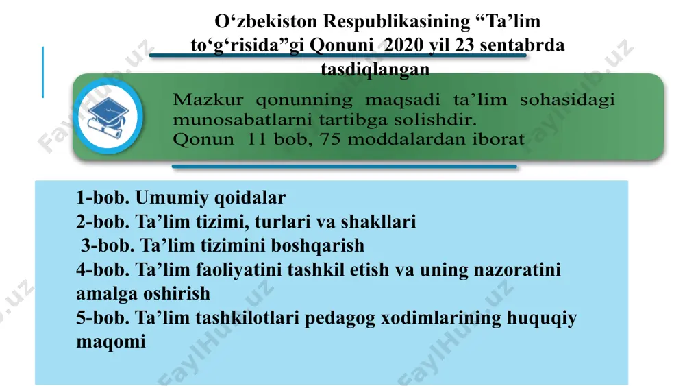 lim tizimini ilg‘or xorijiy tajribalar asosida takomillashtirish, boshlang‘ich, o‘rta va o‘rta maxsus professional ta’lim bosqichlarini joriy qilish orqali mehnat bozori uchun malakali va raqobatbardosh kadrlar tayyorlash maqsadida 2020/2021 o‘quv yilidan boshlab o‘zbekiston respublikasida ta’limning xalqaro standart tasniflagichi darajalari bilan uyg‘unlashgan yangi boshlang‘ich, o‘rta va o‘rta maxsus professional ta’lim tizimi hamda tabaqalashtirilgan ta’lim dasturlari joriy etiladigan ta’lim muassasalari tarmog‘i tashkil etildi. 19 xalqaro tasniflagich 9 ta darajadan iborat : 0, 1, 2-daraja maktabgacha ta’lim va umumiy o‘rta ta’limga 3-, 4-, 5-daraja professional ta’limga 6-, 7-, 8-daraja oliy va oliy ta’limdan keyingi ta’limga 3-darajasiga mos keluvchi ta’lim dasturlari asosida 9-sinf bitiruvchilarini ijtimoiy qo‘llab-quvvatlashga qaratilgan boshlang‘ich professional ta’lim bosqichida kadrlar tayyorlaydigan ta’lim muassasalari ro‘yxati xalqaro tasniflagich xalqaro tasniflagich 9 ta darajadan iborat : 0, 1, 2-daraja maktabgacha ta’lim va umumiy o‘rta ta’limga 3-, 4-, 5-daraja professional ta’limga 6-, 7-, 8-daraja oliy va oliy ta’limdan keyingi ta’limga 4-darajasiga mos keluvchi ta’lim dasturlari asosida o‘rta …