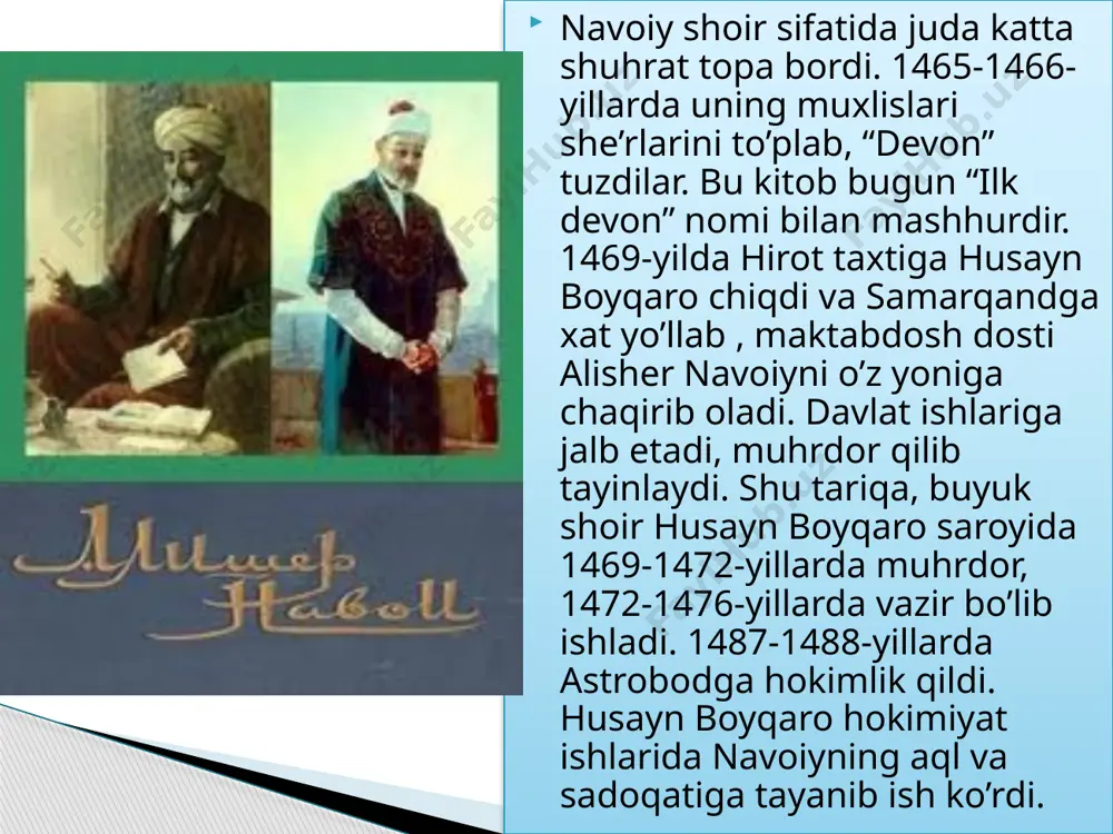 asarida vaqf yerlari, mulklari, ularning miqdori, ulardan foydalanish, vaqf mulki va mablag’i evaziga quriladigan bino va inshootlar, bu yo’nalishda madrasa va xonaqohlarda o’rnatilgan tartiblar haqida fikr yuritdi. navoiy o’z ixtiyoridagi mablag’lar hisobiga qurilgan xayriya muassasalari, ilmiy-madaniy binolar va bog’larni sanab o’tdi. asar navoiy va husayn boyqaro munosabatlarini o’rganish uchun ham muhim hujjatli manbadir. tarix va iqtisodiy yo’nalishdagi asarlari n.veselovskiy, yakubovskiy, ya.g’ulomov, v.zohidov, b.ahmedov kabi olimlar tomonidan o’rganilgan. nashr qilingan asarlari alisher navoiy. asarlar. 1-4 jildlar, -t.: 1963—1968; alisher navoiy. xazoyinul-maoniy. -t.: 1959-60; alisher navoiy. mukammal asarlar to’plami (20 jildlik), 1-6 jildlar. -t.: 1987—1992; alisher navoiy. asarlar. 6-10 jildlar, -t.: 1963—1968. alisher navoiy. mukammal asarlar to’plami (20 jildlik), 7-12 jildlar, toshkent, 1991—1996; alisher navoiy. xamsa (nashrga tayyorl. r.shamsiev). -t.: 1960; alisher navoiy. farhod va shirin (nashrga tayyorl., nasriy bayon muallifi g’afur g’ulom). — t.: 1956; alisher navoiy. hayratul-abror. ilmiy-tanqidiy tekst (nashr. p.shamsiev). -t.: 1970; alisher navoiy. lisonut-tayr (nasriy bayon muallifi: sh.sharirov). …