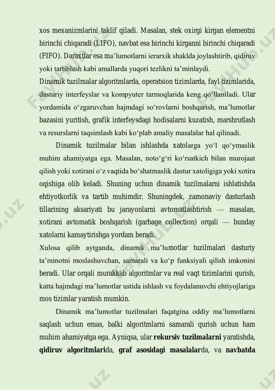 mlarda, fayl tizimlarida, dasturiy interfeyslar va kompyuter tarmoqlarida keng qo‘llaniladi. ular yordamida o‘zgaruvchan hajmdagi so‘rovlarni boshqarish, ma’lumotlar bazasini yuritish, grafik interfeysdagi hodisalarni kuzatish, marshrutlash va resurslarni taqsimlash kabi ko‘plab amaliy masalalar hal qilinadi. dinamik tuzilmalar bilan ishlashda xatolarga yo‘l qo‘ymaslik muhim ahamiyatga ega. masalan, noto‘g‘ri ko‘rsatkich bilan murojaat qilish yoki xotirani o‘z vaqtida bo‘shatmaslik dastur xatoligiga yoki xotira oqishiga olib keladi. shuning uchun dinamik tuzilmalarni ishlatishda ehtiyotkorlik va tartib muhimdir. shuningdek, zamonaviy dasturlash tillarining aksariyati bu jarayonlarni avtomatlashtirish — masalan, xotirani avtomatik boshqarish (garbage collection) orqali — bunday xatolarni kamaytirishga yordam beradi. xulosa qilib aytganda, dinamik ma’lumotlar tuzilmalari dasturiy ta’minotni moslashuvchan, samarali va ko‘p funksiyali qilish imkonini beradi. ular orqali murakkab algoritmlar va real vaqt tizimlarini qurish, katta hajmdagi ma’lumotlar ustida ishlash va foydalanuvchi ehtiyojlariga mos tizimlar yaratish mumkin. dinamik ma’lumotlar tuzilmalari faqatgina oddiy ma’lumotlarni saqlash uchun emas, balki algoritmlarni samarali qurish uchun ham muhim ahamiyatga ega. ayniqsa, ular rekursiv …