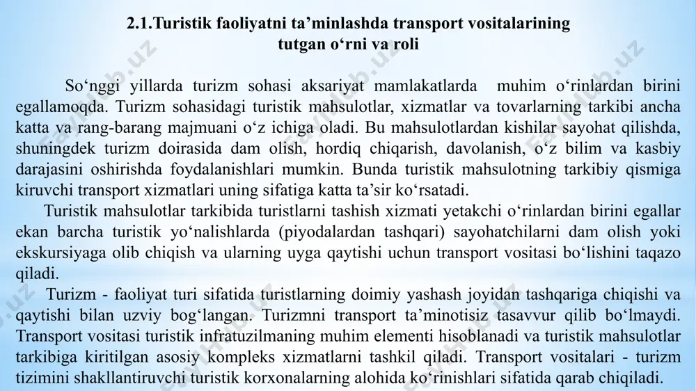 a hukumatlararo bitimlar imzolangan. mamlakatimizda iqtisodiyotni modernizatsiyalash sharoitida iqtisodiyotning muhim tarmoqlaridan biri bo‘lgan yo‘lovchilarni tashash xizmatining o‘rni juda katta. ya’ni, bu borada yo‘lovchilarni tashash xizmatlari bozorini takomil­lash­tirish, raqobat muhitini shakllantirish eng chekka hududlarimizda ham mazkur xizmatdan foydalanish imkonini bermoqda. yo‘lovchi tashish bozorida raqobat muhitini rivojlantirish uchun zarur shart-sharoitlar yaratish va takomillash­tirish, mamlakatimizda transport xizmati sifatini oshirish, yo‘lovchilarga qulaylik yaratish uchun qanday ishlar amalga oshirilmoqda? o‘zbekiston respublikasi prezidentining “aholiga transport xizmati ko‘rsatish hamda shaharlar va qishloqlarda avtobuslarda yo‘lovchilar tashish tizimini yanada takomillashtirish chora-tadbirlari to‘g‘risida”gi 2017 yil 10 yanvardagi pq-2724-sonli qaroriga asosan vazirlar mahkamasining 2017 yil 25 apreldagi «aholiga transport xizmati ko‘rsatish hamda shaharlar va qishloqlarda avtobuslarda yo‘lovchilar tashish tizimini yanada takomillashtirish chora-tadbirlarini amalga oshirish to‘g‘risida»gi 238-sonli qarori qabul qilindi va unda yo‘lovchilar tashish xavfsizligini va yo‘lovchilarga xizmat ko‘rsatish madaniyatining zarur darajasini, yo‘lovchi tashish yo‘nalishlarida transport vositalari harakati maromini, belgilangan jadvallar va intervallarni, shuningdek tashuvchilarning moliyaviy barqarorligini ta’minlash asosiy maqsadlardan qilib belgilandi. …