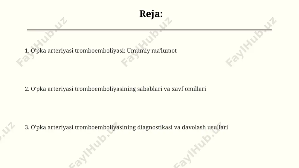 ma-xil bo'lib, taxminan 25% bemorlarda asemptomatik kechishi kuzatiladi, bu esa diagnostikani qiyinlashtiradi. o'pka arteriyasi tromboemboliyasi (oate) bilan kasallangan bemorlarda o'lim xavfi 30% ga yaqin bo'lib, erkaklarda ayollarga nisbatan 1,5 baravar yuqori. oate diagnostikasida d-dimer sinovi sezilarli darajada yuqori bo'ladi, ammo o'ziga xosligi pastligi tufayli, taxminan 20% hollarda yolg'on musbat natijalar berishi mumkin. davolash davolashda trombolitik terapiya, masalan, alteplaza yordamida o'pka arteriyasidagi trombni tezkor tarqatib yuborish uchun qo'llanilishi mumkin, ammo bu usulning 10% dan yuqori qon ketish xavfi bor. o'pka emboliyasi davolashda geparin kabi antikoagulyantlar qon quyqalari hosil bo'lishini oldini olish va mavjud tromblarni kattalashishiga yo'l qo'ymaslik uchun 5-10 kun davomida buyuriladi. xirurgik davolash usullaridan biri embolektomiya bo'lib, unda o'pka arteriyasidan tromb jarrohlik yo'li bilan olib tashlanadi, muvaffaqiyat darajasi 90% dan yuqori bo'lishi mumkin, lekin yuqori xavf bilan bog'liq. tashxisi kompyuter tomografiyasi (kt) angiografiyasi o'pka arteriyalarining to'liq tasvirini beradi va 90% dan ortiq aniqlik bilan pe ni aniqlashga yordam beradi. o'pka …