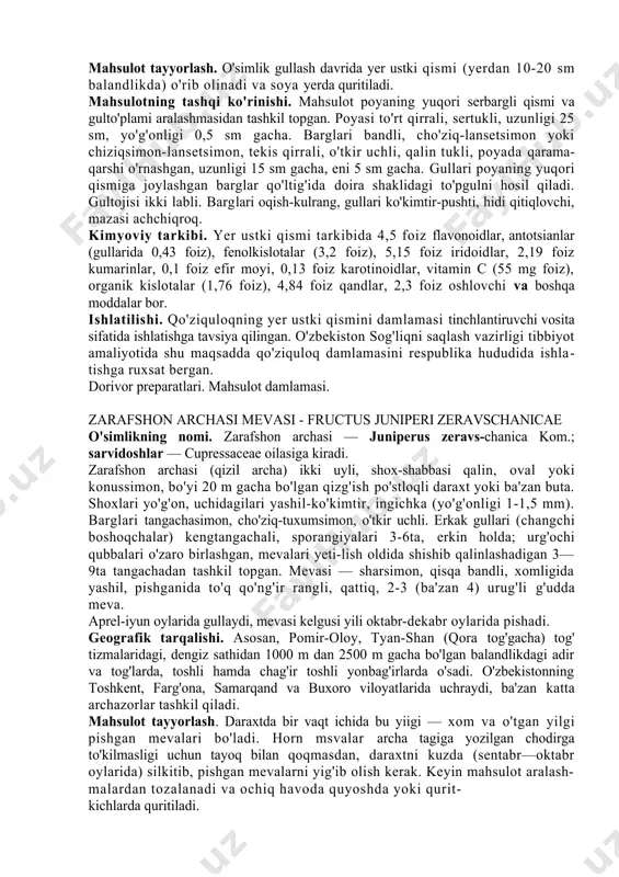 rdam beradi, shu-ningdek, traxoma, hiqichoq tutish, og'izdan yomon hid kelishi va boshqa kasalilklami davolaydi. xalq tabobatida limono't bilan nevroz, bronxial astma, ay-ollarni toksikoz, klimaks, yurak urishini buzilishi va boshqa kasal-liklar davolanadi. limono't damlamasi klinik sharoitida sinovlardan o'tgan va uni tibbiyot amaliyotida tinchlantiruvchi hamda qon bosimini pasaytiruvchi vosita sifatida qo'llashga o'zbekiston respublikasi sog'liqni saqlash vazirligi tomonidan raxsat etilgan. dorivor preparatlari. damlama. kiyiko’ti yer ustki qismi- - herba ziziphorae pedicellatae o’simlikning nomi. gulbandli kiyiko’t-ziziphora pedicellata pazij et vved.; oilasi. yasnotkadoshlar - lamiaceae. ko’p yillik, asos qismi yog’ochlangan, to’rt qirrali, shoxlanmagan yoki yuqori qismi shoxlangan, bo’yi 20-40 sm li ko’p sonli poyali o’t o’simlik. barglari lantsetsimon yoki tor lantsetsimon, o’tkir uchli, tekis qirrali, qisqa bandli bo’lib, poyada qarama-qarshi joylashgan. gullari uzun, tukli gul bandida osilgan holda joylashib, poya va shoxlari uchida ko’pgulli boshchasimon gulto’plamni hosil qiladilar. gulkosachasi tor naychasimon, bilinar-bilinmas ikki labli, gul tojisi ikki labli, och-gunafsha rangli. mevasi - to’rtta yong’oqcha.iyun-avgustda gullaydi, …