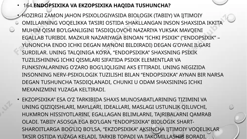 , malakalar, ko’nikmalar, odatlar kiradi. ammo bu narsa shaxs qiyofasining biologik shartlangan ta’siri ostida kechadi. ushbu ost tuzilish orqali shaxs insoniyatning tarixiy tajribasi bilan bog’liq bo’ladi 268. ehtiyojlar faollik manbai sifatida psixologik manbalarga asoslanib, fikr yuritishimizda ehtiyoj - jonli mavjudotning tobe ekanligini ifoda etuvchi va mazkur shart-sharoitlarga nisbatan faolligini namoyon qiluvchi holat tariqasida ifodalaniladi. insonning faolligi boshqa mavjudotlardan ham mohiyat, ham shakl jihatidan tafovutga ega bo’lib, yuzaga kelgan ehtiyojlarning turli vaziyatlarda qondirilishida o’z ifodasini topadi. jumladan, mavjudotlar va hayvonlar o’zlarining tanasi va uning a'zolari tuzilishiga, instinktlarning turli-tumanligiga binoan, o’z o’ljasini tutib olishga nisbatan intilishni vujudga keltiruvchi tabiiy imkoniyati uni oldindan payqash, sezgirlik orqali zudlik bilan faol harakat qiladi. 269.ehtiyoj turlari psixologiya fanida ehtiyojlar o’z predmetining xususiyatiga ko’ra moddiy va ma'naviy turlarga ajratiladi, ularni keltirib chiqaruvchi mexanizmlar manbai turlicha ekanligi e'tirof etiladi 270.shaxsning ustanovkasi yoki anglanmagan mayllar ustanovka so‘zi inglizcha so‘z bo‘lib, ko‘rsatma berish, anglanmagan mayllar, yo‘l-yo‘riq ko‘rsatish ma’nolarida qo‘llanib kelinadi. …