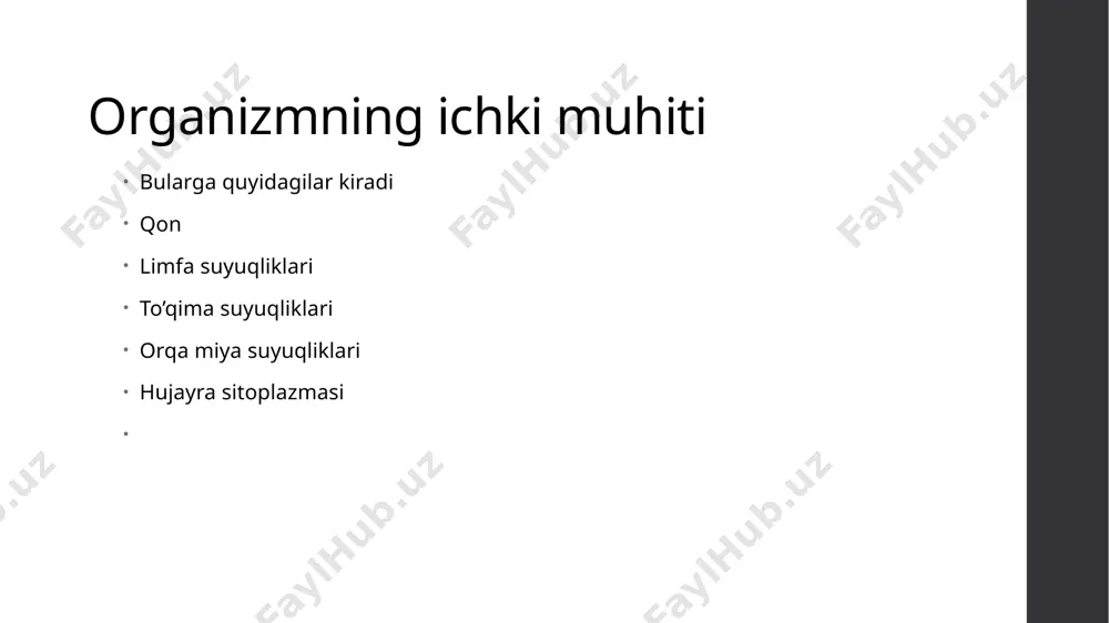 oziqa moddalarni tashiydi; 2) a’zolarda hosil bo‘lgan parchalanish mahsulotlarini ayiruv a’zolariga olib boradi; 3) kislorodni to‘qimalarga va karbonat angidridni o‘pkaga olib borib, gaz almashinuvida ishtirok etadi; 4) tаna haroratini doimiyligini qo‘llab turadi; 5) faoliyatlarni gumoral boshqa rishda ishtirok etadi; 6) himoya vazifasini bajaradi. qon immunitetda asosiy rol o‘ynaydi тana og‘irligi o‘rtacha 70 kg bo‘lgan odamda 5 litrga yaqin qon bo‘ lib, tana vaznining 6–8 %ini tashkil qiladi. shaklli elementlar qon hajmining 45 %ini, plazma esa 55 %ini tashkil qiladi. qonning nisbiy zichligi 1,050– 1,060, plazmaniki 1,025–1,034, eritrositlarniki 1,090. agar suvning yopish qoqligini 1 deb olsak, plaz maning yopishqoqligi 1,7– 2,2; qonniki 5,0 atrofida. qon plazmasi. organizmda hayot рн 7,0 dan 7,8 gacha bo‘lgan sharoitda bo‘ladi. qon plazmasi murakkab aralashma bo‘lib kuchsiz ishqoriy reaksiyaga (рн 7,36) ega. plazmaning asosiy tarkibiy qismi suv (90–92 %), oqsil (7–8 %), glukoza (0,1 %) va tuzlar (0,9 %)dan iborat plazma oqsillari globulinlar (alfa, beta va …