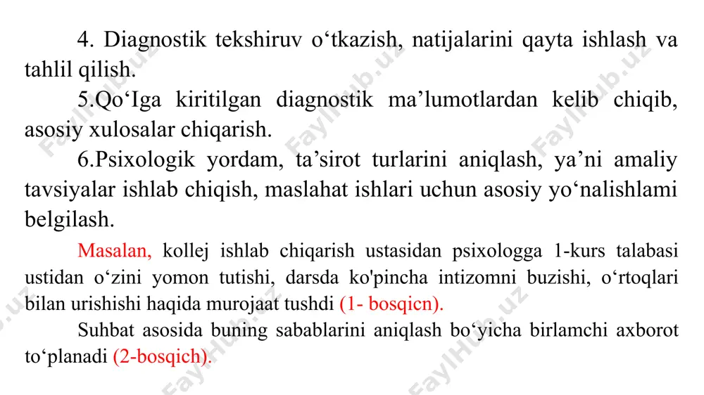 bir vaqtning o‘zida ham to‘la, ham maqsadga qaratilgan bo‘lishi kerak.  tadqiqotdan olingan ma’lumotlar sifat va miqdor jihatidan analiz- sintez qilinishi, ya’ni qayta ishlanishi zarur. psixodiagnost uchun eng muhim vazifa – to‘g‘ri psixologik diagnoz qo‘yish hamda psixokorrektciya ishlarini belgilash. psixologik yordam turlari juda xilma-xil: psixoterapiya ( uning maqsadi – insonning psixologik salomatligi), individual maslahat hamda korrektsiya – turli xil psixologik qiyinchiliklarda individlarga yordam berish uchun qo ‘llaniladigan rivojlantirish bo`yicha guruhiy ishlash. l.s.vigotskiy bo’yicha psixologik tadqiqotlar amaliyotida psixologik diagnoz qo`yishning 3 bosqichi farqlanadi: simptomatik diagnoz emperik diagnoz deb ham ataladi. bunda tashxis qo‘yish muayyan belgi yoki xususiyatlarni ta’kidlash bilan cheklanadi va uning asosida amaliy xulosalar chiqariladi. l.s.vigotskiyning ta`kidlashicha, bunday tashxis ilmiy hisoblanmaydi, chunki belgilarni aniqlash avtomatik tarzda bevosita tashxis qo‘yishga olib kelmaydi. psixologik tashhis rivojlanishining ukkinchi bosqichi etiologik tashhis qo‘yish bo‘lib, bunda shaxsning muayyan xususiatlari va belgilarning mavjudligi hisobga olinib qolmay, balki ularni keltirib chiqaruvchi sabablar ham inobatga olinadi. eng yuqori …