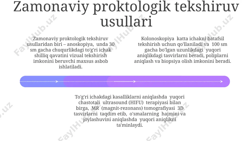 davolashda og'riq sezilarli darajada kamayadi va jarrohlik aralashuviga nisbatan bemorning shifo topish muddati 2 haftaga qisqaradi. lazer proktoktomiyasi, anorektal shikastlanishlarni davolashda 90% gacha muvaffaqiyat ko'rsatkichiga ega bo'lib, an'anaviy jarrohlik usullariga nisbatan tezroq tiklanishni ta'minlaydi. sigmoidoskopiya: minimal invaziv diagnostika add text add text add text add text add text add text tekshiruv jarayoni odatda og'riqsiz va bemor uchun noqulaylik tug'dirmaydi, 10-15 daqiqa davom etadi va biopsiya olish yoki kichik poliplarni olib tashlash kabi davolash usullarini ham o'z ichiga olishi mumkin. sigmoidoskopiya, 25-35 sm uzunlikdagi fleksibel naycha yordamida to'g'ri ichakning pastki qismini (sigmoid koloni) tekshirish imkonini beradi, bu esa minimal invaziv tekshiruv hisoblanadi. zamonaviy sigmoidoskoplar yuqori aniqlikdagi rasm va video tasvirlarni uzatish imkoniyatiga ega bo'lib, patologik o'zgarishlarni (polip, yallig'lanish) 5-10 mm gacha aniqlashga yordam beradi. radiochastota ablatsiyasi 01 02 03 radiochastota ablatsiyasi protsedurasi odatda 30-45 daqiqa davom etadi va bemorlar ko'pincha bir necha soatdan keyin uyga qaytishlari mumkin. radiochastota ablatsiyasi hemorroy davolashda …