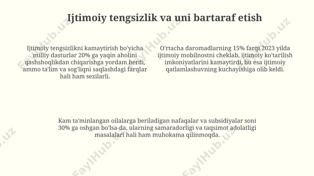 натижалари 30% гача ижобий ўзгаришларни кўрсатди, бу дастурларнинг такомиллаштирилишига имкон беради. 2023 йилдаги тадқиқотлар, ижтимоий капиталнинг ўсиши яимнинг 10% гача ўсишига ҳисса қўшишини кўрсатди, бу инсон капитали инвестицияларининг муҳимлигини таъкидлайди. raqamli texnologiyalar va ijtimoiy rivojlanish smart city loyihalari orqali 2025 yilgacha energiya sarfini 20% kamaytirish va atrof-muhit ifloslanishini minimallashtirishga qaratilgan iqtisodiy va ekologik samaradorlikni oshirishga qaratilgan yangi yondashuvlar. ijtimoiy tarmoqlardagi ma'lumotlar tahlili orqali jamoatchilik fikrini kuzatish va ijtimoiy muammolarni aniqlash uchun algoritmik prognozlash va mashinani o'rgatish texnologiyalaridan foydalanish. raqamli texnologiyalar orqali aholi bandligini 15% ga oshirishga qaratilgan davlat dasturlari, jumladan, onlayn platformalar va masofaviy ta'lim orqali kasb-hunar o'rgatishni o'z ichiga oladi. kelajakdagi ijtimoiy taraqqiyot modellari kelajakdagi ijtimoiy taraqqiyot modellari, 5g texnologiyalari va sun'iy intellekt kabi yangi texnologiyalarni jamiyat ehtiyojlariga moslashtirish orqali, kamida 20% ga samaradorlikni oshirishga qaratilgan bo'ladi. ijtimoiy qo'llab-quvvatlash tizimlarining 30% gacha avtomatlashuvi va shaxsiylashtirilgan yondashuvlarning joriy etilishi orqali, fuqarolarga ko'rsatiladigan xizmatlar sifatini yaxshilashga qaratilgan yangi modellar paydo bo'ladi. …