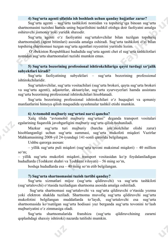 chun ustav kapitalining minimal miqdori belgilangan. unga ko’ra 2022-yil 1-iyuldan boshlab: – umumiy sug‘urta yoki hayotni sug‘urta qilish tarmog‘ida ixtiyoriy sug‘urta – 20 mlrd. so’m; – umumiy sug‘urta yoki hayotni sug‘urta qilish tarmog‘ida majburiy sug‘urta – 35 mlrd. so’m; – faqat qayta sug‘urta – 45 mlrd. so’mni tashkil etadi. 4) sug‘urta agenti sifatida ish boshlash uchun qanday hujjatlar zarur? sug‘urta agenti – sug‘urta tashkiloti nomidan va topshirig‘iga binoan sug‘urta shartnomasini tuzishni hamda uning bajarilishini tashkil etishga doir faoliyatni amalga oshiruvchi jismoniy yoki yuridik shaxsdir. sug‘urta agenti o‘z faoliyatini sug‘urtalovchilar bilan tuzilgan topshiriq shartnomalari (agent bitimlari) asosida amalga oshiradi. sug‘urta tashkiloti o‘zi bilan topshiriq shartnomasi tuzgan sug‘urta agentlari reyestrini yuritishi lozim. o‘zbekiston respublikasi hududida sug‘urta agenti chet el sug‘urta tashkilotlari nomidan sug‘urta shartnomalari tuzishi mumkin emas. 5) sug‘urta bozorining professional ishtirokchilariga qaysi turdagi xo‘jalik subyektlari kiradi? sug‘urta faoliyatining subyektlari – sug‘urta bozorining professional ishtirokchilaridir. sug‘urtalovchilar, sug‘urta vositachilari (sug‘urta brokeri, qayta sug‘urta …