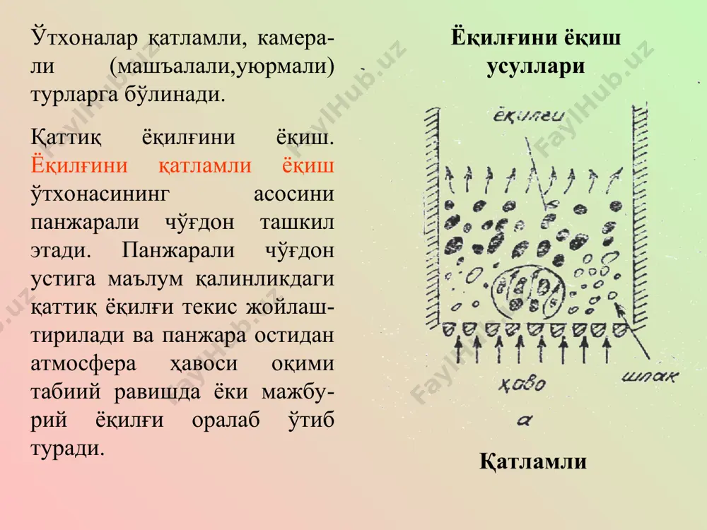 и тўла механизациялаштириш ва автоматлаштириш мумкин; г) паст қувватларни осонгина олиш мумкин бундай афзалликлари билан бирга қурилмаларнинг нархи қиммат, тегирмон ва вентиляторларга қўшимча электр энергияси талаб этлади, газ-ҳаво оқими кучлилигидан ёниш маҳсулотининг кул қисмининг 80% га яқини атмосферага учиб чиқади ва атроф-муҳитни ифлослантиради. қайновчи қатламли қаттиқ ёқилғиларни ёқиш усулларидан яъна бири қайновчи қатламли усул бўлиб, бундай усулда ёқилғини ёқишда вақти –вақти билан ўтхонаги юқори босимли ҳаво пуркаб турилади ва ёқилғини ўтхонада мажбурий айлантирилиб, қайнаётгандай холатга келтирилади. бундай усулда ёқилғини ёқишдан мақсад, ёқилғини иложи борича тўла ёниши ва юқори иссиқлик беришини таъминлашдан иборат-дир. суюқ ва газ ёқилғиларини ёқиш суюқ ва газ ёқилғиларини ёқишда махсус мосламалар-горелка ва форсунка(ингл. force – дам бермоқ) қўлланилади. горелка ва форсункаларнинг тузулиши камера, ўтхоналарнинг қуввати ва уларнинг турига қараб ҳар хил бўлади. суюқ ва газ ёқилғиларидан фақат камера ва ўтхоналардагина ёқилмасдан, ички ёнув двигателларида, реактив двигателларда ҳам иш ёқилғиси сифатида кенг фойдаланилади. горелка ёки форсунка ёниш камераларн …
