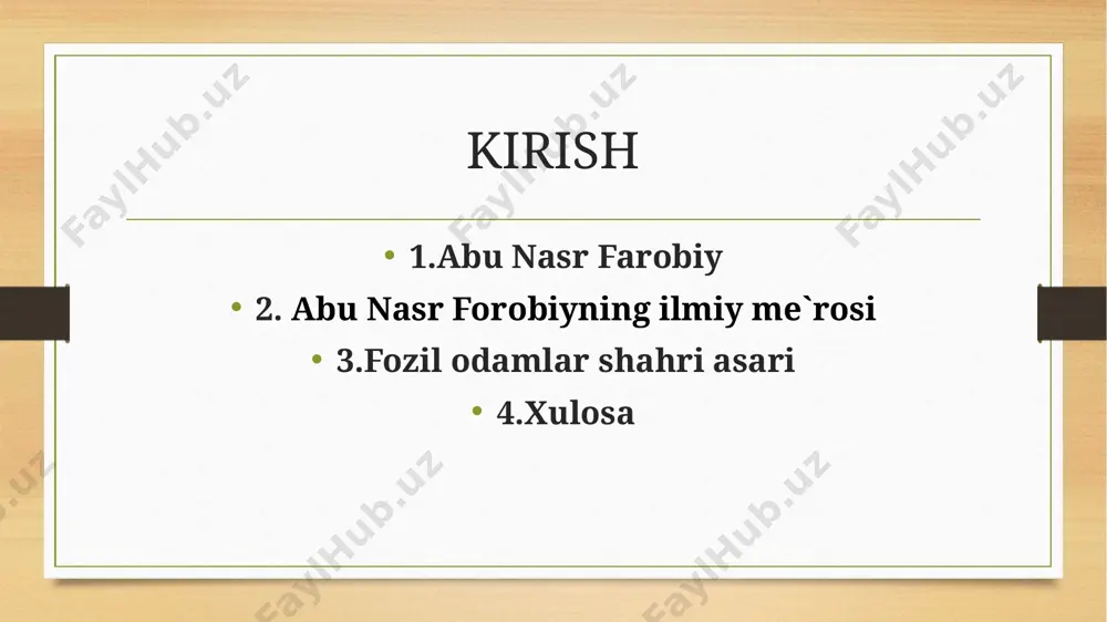 i’’ abu nasr farobiyning “fozil odamlar shahri” deb nomlangan asari sharq ilmida, ma'naviyatida yangi sahifa ochdi, farobiyni o'rta asrning buyuk mutafakkiri nomiga sazovor qildi. asarda jamiyatning (insonlar jamoasi) kelib chiqishi, adolatli jamiyatga erishish yo‘llari, fozil shahar hokimi va aholisining fazilatlari, davlat hokimiyati va boshqaruvchi kadrlarni tanlash va joy-joyiga qo‘yish kabi masalalar bayon etilgan. bundan ming yilcha muqaddam yaratilganiga qaramasdan, bugungi o’quvchi ham bu asardan hozirgi hayotning murakkab muammolarini hal qilishda asqotadigan muhim fikr va yo’l-yo’riqlarni topa oladi. fozil odamlar shahri asarida jamiyat va boshqaruv haqidagi g’oyalari 1.adolatli tuzum 2.boshqaruvning fazilatlari 3.donishmandlar jamiyatni boshqarishi kerak 4.jamiyatni ilm boshqaradi hokimning fazilatlari ﻿﻿insonlarda adolat,vijdon, or-nomus,insonparvarlik,vatanparvarlik kabi ko'plab ajoyib his-tuyg'ular rivojlangan. ﻿﻿qisqasi, insonning komil, yetuk, barkamol bo'lib yetishishida milliy qadriyatlarning ta'siri benihoya kattadir. u davlatni fozil va uni ziddi bo'lgan davlatlarga bo'ladi. fazilatli shaharda ilm, falsafa, axloq, ma'rifat birinchi o'rinda bo'lmog'i lozim, deb biladi. shunda jamiyat yetuklikka erishadi, deydi. farobiy insonning komaloti uchun xizmat …