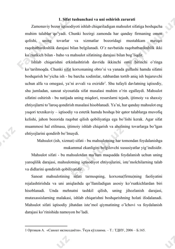 ni qondirish qobiliyatidir. sanoat mahsulotining sifati tarmoqning, korxona(firma)ning faoliyatini rejalashtirishda va uni aniqlashda qo’llaniladigan asosiy ko’rsatkichlardan biri hisoblanadi. unda mehnatni tashkil qilish, uning jihozlanish darajasi, mutaxassislarning malakasi, ishlab chiqarishni boshqarishning holati ifodalanadi. mahsulot sifati iqtisodiy jihatdan iste’mol qiymatining o’lchovi va foydalanish darajasi ko’rinishida namoyon bo’ladi. mahsulot sifati iqtisodiy kategoriya bo’lib, ishlab chiqaruvchi va iste’molchilarning munosabatlarini, sifatli mahsulot ishlab chiqarish, reja topshiriqlarini bajarish hamda mahsulotga baho belgilash bo’yicha korxonaning davlat bilan munosabatlarini ifoda etadi. undan tashqari, mahsulot sifati sifatli mahsulot uchun moddiy rag’batlantirish va sifatsiz mahsulot ishlab chiqarilgani uchun moddiy javobgarlikka tortish bo’yicha korxonalar o’rtasidagi munosabatlarni ifodalaydi. mahsulot sifati texnika taraqqiyotining sur’atlarini, mehnat unumdorligini va shu orqali ijtimoiy ishlab chiqarish samaradorligini ta’riflovchi iqtisodiy kategoriyadir. mahsulot sifatini muntazam ravishda yaxshilash iqtisodiyotni rivojlantirishning zarur sharti, ijtimoiy ishlab chiqarish samaradorligini oshirish, xalq farovonligini o’stirishni asosiy omillaridan biri bo’lib hisoblanadi. mahsulotning miqdori va sifati o’zaro dialektik bog’liqdir. yuqori sifatli mahsulot sifatsiz tayyorlangan mahsulotga nisbatan jamiyat …
