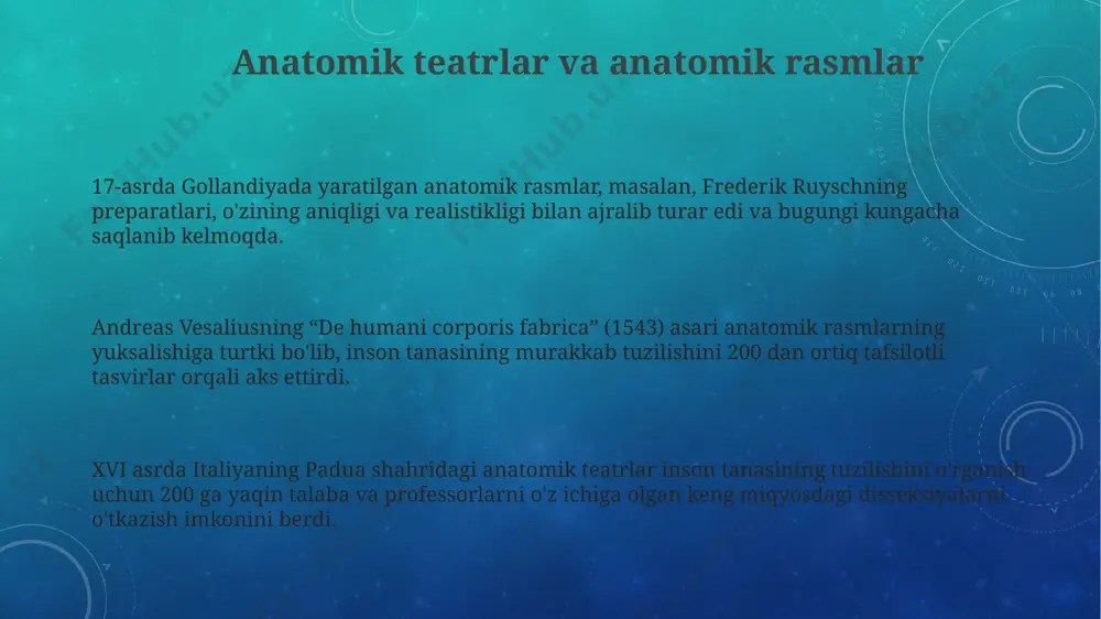 an, bu esa keyingi avlodlar uchun muhim manba bo'lgan. rim imperiyasi davrida anatomiya rivojiga katta hissa qo'shganlardan biri ham aleksandriya maktabi bo'lib, u yerda 400 dan ortiq anatomik tayyorgarlik amalga oshirilgan. rim davrida galen taxminan 129-216 yillarda yashab, inson anatomiyasi bo'yicha keng ko'lamli tadqiqotlar o'tkazdi, ammo asosan hayvonlar ustida tajribalar o'tkazganligi sababli, ba'zi xatolardan qochib qololmadi. 19-asr anatomiyasi: to'qimalar va organlar 19-asrning o'rtalarida ingliz anatomi jan purkiñe tomonidan pragada o'tkazilgan tadqiqotlar nerv sistemasining murakkab tuzilishi va 1000 dan ortiq neyronlarning o'zaro bog'lanishlarini ochib berdi. 19-asrda germaniya va fransiya kabi mamlakatlardagi olimlar mikroskop texnologiyalarining rivojlanishi tufayli to'qimalarning 30 dan ortiq turini aniqlab, ularning tuzilishi va funksiyalarini batafsil o'rganishdi. rossiya imperiyasi hududida 19-asrda anatomik tadqiqotlarning rivojlanishi, ayniqsa, sankt-peterburgdagi harbiy-tibbiyot akademiyasi orqali, 5 dan ortiq yangi organlarning funksiyalarini aniqlashga olib keldi. patologik anatomiya 18-asrda italiyada, giovanni battista morgagni kabi anatomlarning klinik-anatomik kuzatishlari patologik anatomiyaning asosini qo’ydi, 700 dan ortiq otopsi natijalarini tahlil qilib, …