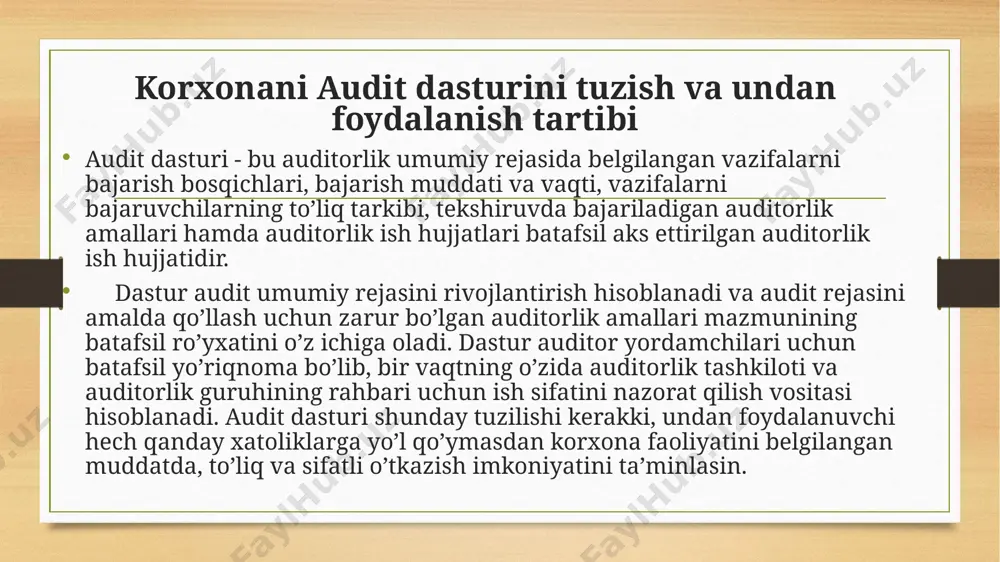 va dasturni muhokamadan o’tkazishi maqsadga muvofiqdir. agarda yig’ilishda tuzilgan reja va dasturga qo’shimcha va o’zgartirishlar kiritish shart deb hisoblansa, unga qo’shimcha va o’zgartirishlar kiritish, shundan so’ng uni barcha tekshiruvda qatnashuvchi auditor va ekspert-mutaxassislar e’tiboriga kitob shaklda etkazilishini ta’minlash talab etiladi. . auditorlik tekshiruvini rejalashtirishning tamoyillari va bosqichlari mijoz – auditorlik firmasining munosabatlari bo’lib, auditorlik firmasi mijozni baholaydigan, keyin mijozni “maqbul” deb topsa, bitim (tuzilishi) yopilishi haqida kelishuv xati yuboriladigan “bir yoqlama harakatli bitta ko’cha” emas. auditorlik xizmatlari bozori raqobatbardosh hisoblanadi va boshqa har qanday biznes kabi har qanday auditorlik firmasi auditda huquqiy munosabatda bo’lishini xohlovchi o’ta kerakli mijozlar ham bor. garchi, hamisha shunday bo’lmasa ham, auditorlik firmalariulardan ko’plab mijozlarni, ayniqsa, yirik mijozlarning takliflarini tayyorlaydi va taqdim etadi. shuningdek, auditorlik mijozga nisbatan munosabatlarini tushunish auditorlar agar etika va kasbi talablari (mustaqillik, vakolatlik va boshqa) belgilangan majburiyatlar uchun tipik bo’lsa bajarish majburiyatlar uchun tipik bo’lsa bajarish mumkinligini ko’rib chiqish imkonini beradi. bu …