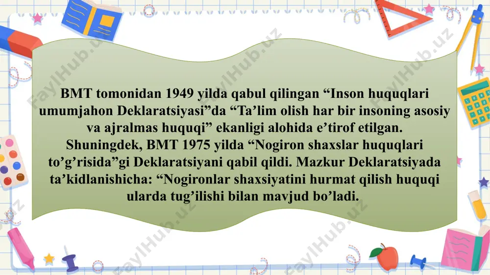 ishga chorlaydi. presentation template by 2000 yilning 26-28 aprel kunlari dakarda taʼlim toʼgʼrisida xalqaro forum qatnashchilari tomonidan “dakar harakat dasturi” qabul qilindi. ular 10 yil oldin qabul qilingan “taʼlim hamma uchun” xalqaro deklaratsiya (djomtьen-tailand-1990 yil) ni qayta tasdiqlab, radifikatsiya qildilar. dakar harakat dasturi “2000 yilga qadar jahon miqiyosida taʼlim hamma uchun amaliy faoliyatining darajasini baholash” maqsadiga asoslanildi. bu baholashda har bir davlat oʼzining taʼlimni barcha bolalar uchun taminlanganlik darajasini tahlil qilib chiqish vazifasi topshirildi. presentation template by gospital maktablariga quyidagilar kiradi: o 'z faoliyatini tibbiyot tashkiloti negizida amalga oshiruvchi ta' lim tashkilotlari; asosiy va qo'shimcha umumiy ta'lim dasturlarini o'zlashtirgan va uzoq muddatli davolanishga muhtoj bo'lgan talabalar uchun ta'lim tashkilotlari (shu jumladan sanatoriy); tibbiyot tashkilotining ixtisoslashtirilgan tarkibiy ta'lim bo'linmalari presentation template by yevropa gospital pedagoglar uyushmasi (hospital organisation of pedagogues in europe (hope)) tashkil etilish tarixi va faoliyati. evropadagi kasalxonas pedagoglari tashkiloti (umid) kasalxonada va uyda kasal bolalar bilan ishlaydigan evropa …
