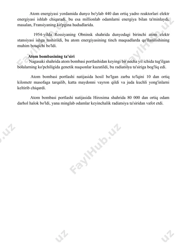 shidan keyingi bir necha yil ichida tug'ilgan bolalarning ko'pchiligida genetik nuqsonlar kuzatildi, bu radiatsiya ta'siriga bog'liq edi. atom bombasi portlashi natijasida hosil bo'lgan zarba to'lqini 10 dan ortiq kilometr masofaga tarqalib, katta maydonni vayron qildi va juda kuchli yong'inlarni keltirib chiqardi. atom bombasi portlashi natijasida hirosima shahrida 80 000 dan ortiq odam darhol halok bo'ldi, yana minglab odamlar keyinchalik radiatsiya ta'siridan vafot etdi. 📌xulosa атом бомбасининг яратилиши ва қўлланилиши инсоният тарихидаги энг қонли воқеалардан бири бўлиб, улкан инсон талофатлари ва экологик оқибатларга олиб келди. бугунги кунда ҳам ушбу қуролнинг тарқалиши глобал хавф-хатар саналади. 📚foydalanilgan adabiyotlar 1. роберт ж. оппенгеймер ва манҳеттен лойиҳаси. 2. атом бомбасининг яратилиши тарихи. 3. хиросима ва нагасакига атом бомбалари ташланишининг оқибатлари. 4. атом бомбасининг ишлаш принципи. 5. ядро қуролларининг тарқалиши муаммоси. 6. атом бомбасининг ишлаб чиқарилишига сарфланган маблағлар. 7