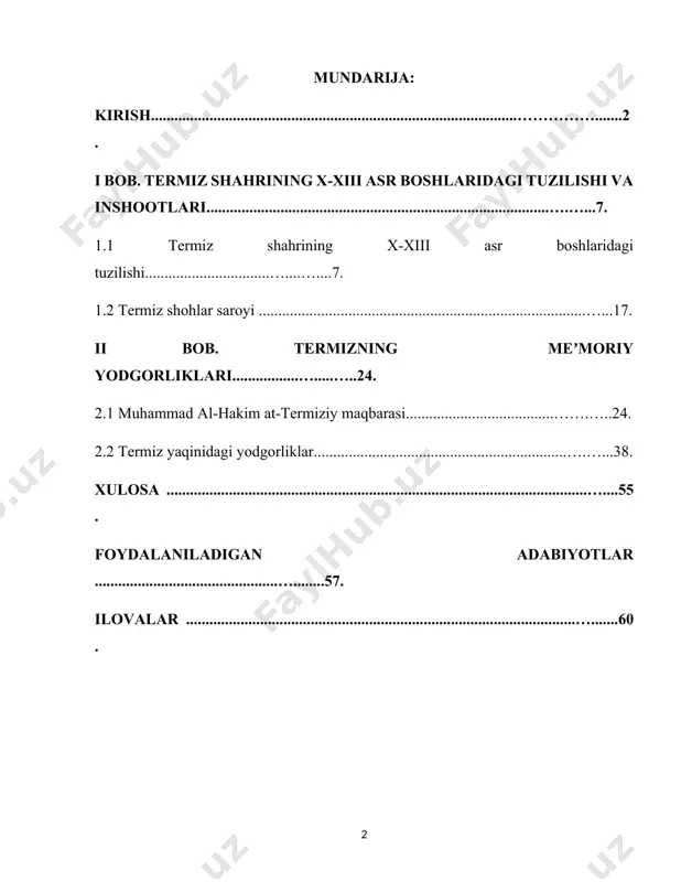 irziyoyev. buyuk kelajagimizni mard va oliyjanob xalqimiz bilan birga quramiz” . t. 2017 482-b. ] termiz shahri o‘zbekiston hududidagi eng qadimiy shaharlar qatoriga kiradi. x–xiii asr boshlarida bu hudud markaziy osiyodagi siyosiy, iqtisodiy va madaniy hayotning yirik markazlaridan biri bo‘lgan. aynan shu davrda shaharda yirik me’moriy inshootlar – saroylar, madrasalar, maqbaralar, masjidlar va mudofaa devorlari qurilgan bo‘lib, ular o‘zining badiiy va me’moriy jihatlari bilan ajralib turgan. bitiruv malakaviy ishi mavzusining dolzarbligi. bugungi kunda termizning tarixiy obidalari nafaqat milliy madaniyatimiz merosi, balki butun insoniyat tamaddunining ajralmas qismi sifatida e’tirof etilmoqda. prezidentimiz shavkat mirziyoyev ta’kidlaganidek, “ajdodlarimizdan meros bo‘lib qolgan bebaho boyliklarni o‘rganish va ularni xalqimizga qaytarish – bu bizning muqaddas burchimizdir.”[footnoteref:2] [2: sh. m. mirziyoyev. yangi o‘zbekiston – taraqqiyot va ma’rifat yo‘lida. – toshkent: “o‘zbekiston” nashriyoti, 2020.b. 45. ] mavzuning dolzarbligi shundaki, bu yodgorliklar hali ham to‘liq o‘rganilmagan, ba’zilarining tarixiy ahamiyati chuqur tahlil qilinmagan. shu bois, termiz shahrining x–xiii asrlardagi me’morchilik taraqqiyotini …