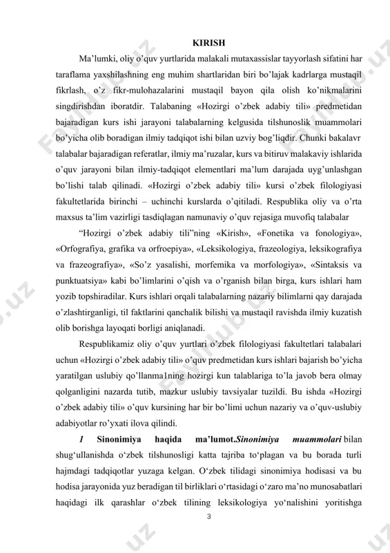 nazarda tutib, mazkur uslubiy tavsiyalar tuzildi. bu ishda «hozirgi o’zbek adabiy tili» o’quv kursining har bir bo’limi uchun nazariy va o’quv-uslubiy adabiyotlar ro’yxati ilova qilindi. 1 sinonimiya haqida ma’lumot.sinonimiya muammolari bilan shug‘ullanishda o‘zbek tilshunosligi katta tajriba to‘plagan va bu borada turli hajmdagi tadqiqotlar yuzaga kelgan. o‘zbek tilidagi sinonimiya hodisasi va bu hodisa jarayonida yuz beradigan til birliklari o‘rtasidagi o‘zaro ma’no munosabatlari haqidagi ilk qarashlar o‘zbek tilining leksikologiya yo‘nalishini yoritishga bag‘ishlangan hamda ta’limning turli bosqichlarida foydalanish uchun yaratilgan darslik va qo‘llanmalarda o‘z ifodasini topgan. fahri kamolning «o‘zbek tili leksikasi» (т., 1954) va «hozirgi zamon o‘zbek tili» (т., 1957), ya. d. pinxasovning «hozirgi zamon o‘zbek tili leksikasi» (т., 1960) va «hozirgi o‘zbek adabiy tili» (т., 1969), m. mirzayev va boshqalarning «o‘zbek tili»(т., 1962), mualliflar jamoasining «hozirgi o‘zbek adabiy tili, ikki tomlik. 1 tom» (т., 1966), u.tursunov va boshqalarning «hozirgi o‘zbek adabiy tili» (т., 1965,1992), u.tursunov va n.rajabovlarning «o‘zbek tili leksikasining ba’zi masalalari» …