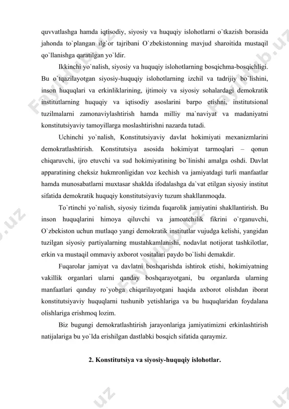 y tizimda fuqarolik jamiyatini shakllantirish. bu inson huquqlarini himoya qiluvchi va jamoatchilik fikrini o`rganuvchi, o`zbekiston uchun mutlaqo yangi demokratik institutlar vujudga kelishi, yangidan tuzilgan siyosiy partiyalarning mustahkamlanishi, nodavlat notijorat tashkilotlar, erkin va mustaqil ommaviy axborot vositalari paydo bo`lishi demakdir. fuqarolar jamiyat va davlatni boshqarishda ishtirok etishi, hokimiyatning vakillik organlari ularni qanday boshqarayotgani, bu organlarda ularning manfaatlari qanday ro`yobga chiqarilayotgani haqida axborot olishdan iborat konstitutsiyaviy huquqlarni tushunib yetishlariga va bu huquqlaridan foydalana olishlariga erishmoq lozim. biz bugungi demokratlashtirish jarayonlariga jamiyatimizni erkinlashtirish natijalariga bu yo`lda erishilgan dastlabki bosqich sifatida qaraymiz. 2. konstitutsiya va siyosiy-huquqiy islohotlar. jamiyat hayotining barcha sohalarini demokratlashtirish va yangilash mamlakatimizni modernizatsiya qilish yo`lida amalga oshirilayotgan siyosiy-huquqiy islohotlar keng qamrovli va muhim masalalardir. bu masalalar konstitutsiya qoidalarini hayotga izchil tatbiq etishda muhim ahamiyatga ega. buning bir necha sabablari bor. birinchi sababi, biz mustaqilligimizning dastlabki yillarida konstitutsiyaviy tuzumni isloh qilishning ustuvor yo`nalishlari bo`yicha o`z oldimizga qo`ygan maqsad va vazifalarni asosan amalga …