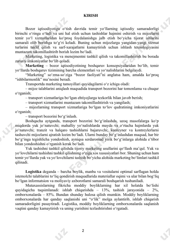 ‘ziga “bozor faoliyati”ni anglatsa ham, amalda ko‘proq “ishbilarmonlik” ma’nosini beradi. transportda marketing tamoyillari quyidagilarni o‘z ichiga oladi: – mijoz talablarini aniqlash maqsadida transport bozorini har tomonlama va chuqur o‘rganish; – transport xizmatlariga bo‘lgan ehtiyojlarga tezkorlik bilan javob berish; – transport xizmatlarini muntazam takomillashtirish va yangilash; – mijozlarning transport xizmatlariga bo‘lgan to‘lov qudratining imkoniyatlarini o‘rganish; – transport bozorini bo‘g‘inlash. boshqacha aytganda, transport bozorini bo‘g‘inlashda, uzoq masofalarga ko‘p miqdorda yuk jo‘natuvchi; mahalliy yo‘nalishlarda mayda va o‘rtacha hajmlarda yuk jo‘natuvchi; tranzit va halqaro tashishlarni bajaruvchi; konteyner va kontreylerlarni tashuvchi mijozlarni ajratish lozim bo‘ladi. ularni bunday bo‘g‘inlashdan maqsad, har bir bo‘g‘inga tegishlicha yondoshish, ayniqsa serdaromad yirik bo‘g‘inlarga alohida e’tibor bilan yondoshishni o‘rganish kerak bo‘ladi. yuk tashishni tashkil qilishda tijoriy marketing usullarini qo‘llash ma’qul. yuk va yo‘lovchilarni tashishni tashkil qilishning o‘ziga xos xususiyatlari bor. shuning uchun ham temir yo‘llarda yuk va yo‘lovchilarni tashish bo‘yicha alohida marketing bo‘limlari tashkil qilinadi. logistika deganda – barcha boylik, manba …