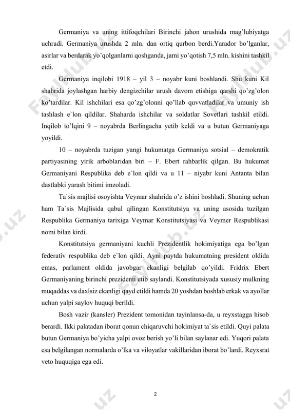 ha yalpi ovoz berish yo’li bilan saylanar edi. yuqori palata esa belgilangan normalarda o’lka va viloyatlar vakillaridan iborat bo’lardi. reyxsrat veto huquqiga ega edi. aqsh germaniyaning butunlay zaiflashtirib qo’yishini also istamas edi. chunki germaniyaning butunlay zaiflashuvi aqsh ning doimiy raqiblari buyuk britaniya va fransiyani yanada kuchaytirgan bo’lardi. bundan tashqari, aqshga yangi raqibi – sovet davlatini jilovlashda qudratli germaniya zarur edi. aqsh germaniyaga iqtisodiy va moliyaviy yordam ko’rsatishga qaror qildi. bu yordam rejasi tarixga “daues rejasi” nomi bilan kirgan. oxir – oqibatda esa, bu reja germaniya iqtisodiyotining gurkirab rivojlanishiga, uning harbiy qudrati qayta tiklanishiga asos bo’lib xizmat qildi. “daues rejasi” ning qabul qilinishiga fransiya rozi bo’lsa, aqsh fransiyaning qarzlarini kechib yuborish majburiyatini olgan edi. shuning uchun ham u “daues rejasi”ni qabul qildi va 1925 – yilda rur viloyatidan o’z qo’shinlarini olib chiqib ketdi. germaniya iqtisodiy taraqqiyotida katta muvaffaqiyatlarga erishdi va 1927 – 1928 – yillarga kelib bu davlat sanoat ishlab chiqarish …