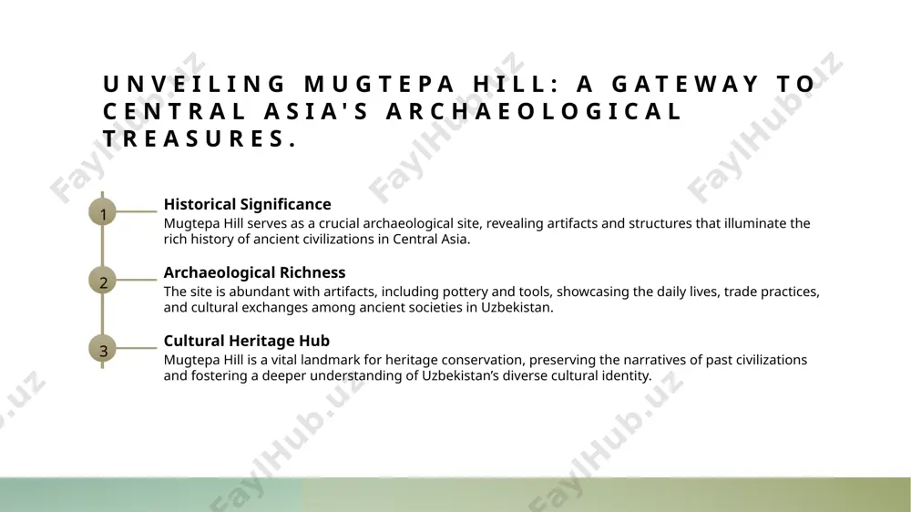 significant findings include pottery, tools, and decorative items, which provide insights into daily life, trade practices, and artistic expression of ancient inhabitants. 03 architectural insights the site's architectural remnants, including fortifications and residential structures, offer crucial information about urban planning and social organization in ancient uzbekistan. understanding the heritage conservation framework for mugtepa hill. 1 legal framework the conservation of mugtepa hill is governed by national laws and international treaties, ensuring protection of cultural heritage and archaeological integrity. 2 conservation strategies various strategies, including site management plans and restoration techniques, are employed to preserve mugtepa hill's artifacts and structures for future generations. 3 community engagement local communities are actively involved in conservation efforts, fostering a sense of ownership and responsibility toward mugtepa hill's cultural heritage and historical significance. community involvement in preserving mugtepa's cultural legacy. 1 community engagement local communities play a vital role in preserving mugtepa's cultural legacy by …