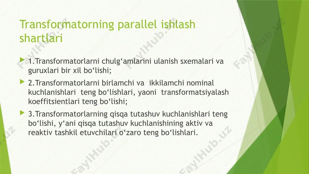torlarning qisqa tu-tashuv kuchlanishlarini o‘r-tacha arifmetik yig‘indi-sidan qisqa tutashuv kuchlanishi 10%dan ortiq farq qilmagan transformatorlarni parallel ishlash uchun ulashga ruxsat beriladi. shuningdek, parallel ishlayotgan transformator-larning quvvatlarini nisbati 3:1 dan kichik bo‘lmasligi kerak. transformatorlarning quvvatlari orsa ularning qisqa tutashuv kuchlanishlari xam ortadi. nazorat uchun savollar. 1. parallel ishlash shartlarini aytib bering? 2. transformator chulgamlarini ulanishi guruxlarini bir xil bulish sharti bajarilmasa kanday fizik jaraen ruy beradi? e’tiboringiz uchun raxmat image1.wmf oleobject1.bin 2 1 к к м z z е i + d = /docprops/thumbnail.jpeg