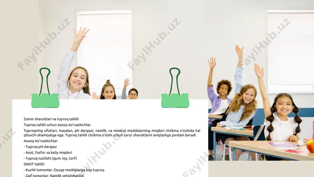 li sug'orish tizimlari va genetik jihatdan o'zgartirilgan o'simliklar kiradi. ushbu innovatsiyalar, muammolarni tez va samarali hal qilishga yordam beradi, natijada hosildorlikni oshiradi. yechimlarning samaradorligi tajribalar orqali ko'rsatilgan. masalan, aqlli sug'orish tizimlari yordamida suvni tejash va tuproq namligini saqlash orqali hosilni 20% ga oshirishga erishilgan. bunday yondashuvlar fermerlarga iqtisodiy jihatdan foyda keltiradi. qisqa misol sifatida, 2021 yilda qashqadaryo viloyatida joriy etilgan yangi texnologiyalar yordamida chókma yetishtirishda 30% hosildorlik oshgani kuzatildi. bu natijalar innovatsiyalarning amaliyotga qanchalik muvaffaqiyatli tatbiq etilganini ko'rsatadi. bundan tashqari, o'zbekistonning boshqa viloyatlarida ham yangi texnologiyalarni joriy etish natijasida hosildorlikning oshishi kuzatildi. masalan, surxondaryo viloyatida innovatsion usullar bilan chókma yetishtirishda 25% ga oshish amalga oshirildi. shuningdek, yangi genetik o'zgarishlarga ega chókma navlari yordamida ekishdan oldin tuproq tayyorlash jarayoni soddalashtirildi. bu esa hosilni yanada barqaror va yuqori darajada olish imkonini berdi. chókma erish sharoitlaridagi innovatsiyalar chókma erish sharoitlari - chókma o'simliklarini muvaffaqiyatli yetishtirish uchun zarur bo'lgan iqlim, tuproq va agrotekhnika sharoitlari. …
