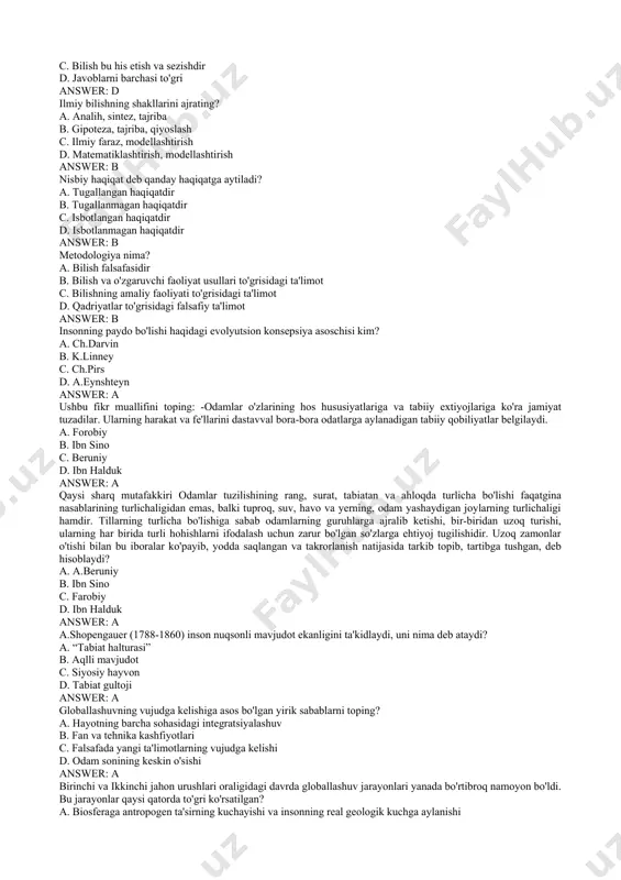 eganda nimani tushunamiz. a. narsa va hodisalarning rad etishdir b. eskining zamirida yangi vujudga kelishga aytiladi c. narsa va hodisalarning bir-biri bilan bog�lanishdir d. narsa va hodisalarning sifatiy hususiyatlaridir answer: b kategoriya o'zi nima? a. yunon tilidan olingan bo'lib, �izoxlash� tushuntirish, ko'rsatish degan ma'noni anglatadi b. narsa va hodisalarning umumiy va muhim tomonlarini aks ettiruvchi fikrga aytiladi c. narsa va hodisalarning bir-biri bilan bog�lanishdir d. javoblarning barchasi to'g�ri answer: d zaruriyat va tasodif kategoriyasining mazmun va mohiyati nimadan iborat a. zaruriyat - muayyan sharoit vujudga kelganda ro'yobga chiqishi shart bo'lgan narsa va hodisalardir. tasodif esa zaruriyatning namoyon bo'lish shaklidir. b. zaruriyat bu narsa va hodisalarning tasodif ro'yobga chiqqan imkoniyatidir c. zaruriyat bu narsa va hodisalarning bog�lanishidir d. zaruriyat bu narsa va hodisalarning sifat hususiyatlar yig�indisidir. answer: a bilish deganda nimani tushuniladi? a. bilish bu ob'ektiv olamning sub'ektiv obrazidir. b. bilish bu in'ikos etishdir c. bilish bu his etish va sezishdir …