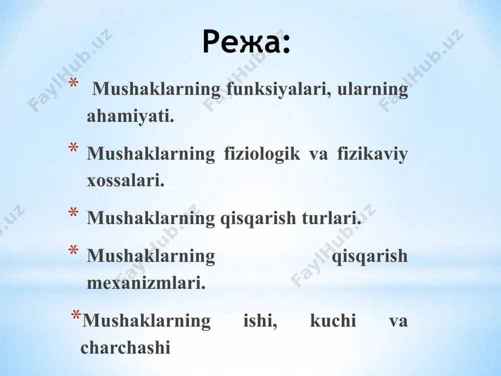 ng – targ‘il muskullar va ularning xossalari. odam va umurtqali hayvonlarning kо‘ngdalang-targ‘il muskullari uchta asosiy xossaga ega: qо‘zg‘aluvchanlik ya’ni membrananing ionlar uchun о‘tkazuvchanligini о‘zgartirib, ta’sirotga nisbatan harakat potensiali bilan javob berishi qobiliyati: о‘tkazuvchanlik ya’ni harakat potensialini tola bо‘ylab tarqatish qobiliyati; qisqaruvchanlik ya’ni qо‘zg‘alish natijasida kaltalanish yoki о‘z tarangligini о‘zgartirish qobiliyati. nerv-muskul preparatida muskul qisqarishi uchun mavjud sharoitga qarab iki turdagi agar muskul qisqargan vaqtda uning tolalari kaltalansa-yu, ammo tarangligi о‘zgarmasa, izotonik qisqarish sodir bо‘ladi. izotonik qisqarish muskul yuk kо‘targanda kuzatiladi. butun organizmda faollik kо‘rsatayotgan muskullarning qisqarishlari boshqacha tasnif qilinadi: izometrik qisqarish – kо‘tarilgan yukni bir nuqtada ushlab turish; kontsetrik qisqarish – muskulning yuk kо‘tarib, kaltalanishi; ekstsentrk qisqarish – kо‘tarilgan yukni pastga sekin tushirishda muskulni uzayishi. muskul yakka rag‘batlantirilsa, yakka qisqarish sodir bо‘ladi: miografik usulda yozib olingan yakka qisqarishining egri chizig‘ida uchta bosqichni ajratish mumkin: qisqarishining latent (yashirin) davri, qisqarish bosqichi va bо‘shashish bosqichi. optik yoki elektron asboblarda qayd qilingan yakka …