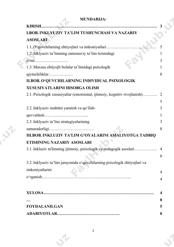 oglar tomonidan inklyuziv muhitni samarali tashkil etishda, shuningdek, o‘quvchilarning individual rivojlanishini qo‘llab-quvvatlashda foydalanilishi mumkin. kirish qismida shuningdek, ishning tuzilishi ham qisqacha ta’kidlanadi: birinchi bobda inklyuziv ta’lim nazariy asoslari, ikkinchi bobda o‘quvchilarning ehtiyoj va imkoniyatlarini aniqlash metodlari, uchinchi bobda esa amaliy tadqiqot natijalari va tavsiyalar keltiriladi. inklyuziv ta’lim jarayonida o‘quvchilarning ehtiyojlari va imkoniyatlarini aniqlash psixologik yondashuvlar orqali amalga oshiriladi. bu esa ta’lim muhitini optimallashtirish, ijtimoiy va emotsional moslashuvni kuchaytirish, shuningdek, o‘quvchilarning o‘z-o‘zini rivojlantirish va motivatsiyasini oshirish imkonini beradi. shuning uchun pedagog va psixologning vazifasi o‘quvchilarning individual xususiyatlarini aniqlash, ularga mos metod va strategiyalarni qo‘llashdir. bitiruv malakaviy ishining maqsadi:inklyuziv ta’lim jarayonida o‘quvchilarning psixologik ehtiyojlari va imkoniyatlarini o‘rganish, ularni ta’lim jarayoniga moslashtirish yo‘llarini aniqlash va samarali inklyuziv muhitni yaratish strategiyalarini ishlab chiqish. bitiruv malakaviy ishining vazifalari:inklyuziv ta’lim tushunchasi va nazariy asoslarini tahlil qilish; o‘quvchilarning psixologik ehtiyojlari va imkoniyatlarini aniqlash metodlarini o‘rganish; inklyuziv ta’lim muhitini yaratish va qo‘llab-quvvatlash strategiyalarini aniqlash; amaliy tadqiqot orqali olingan …