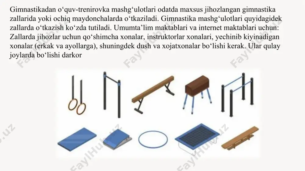 ish mahqlarini bajarish uchun qo‘llaniladi. uning bo‘yicha 5 m eni 48 sm. zinopoyalarning diametri 3,5 sm, reykalar oralig‘i 25 sm bo‘ladi. gimnastika skameykasi urm mashqlarini, muvozanat saqlash, tayanib tirmashib chiqish va hokazo mashqlarni guruh bo‘lib bajarish uchun, shuningdek shug‘ullanuvchilar dam olish uchun qo‘llaniladi. uning bo‘yi 4 m eni 24 sm balandligi 30 sm bo‘ladi. 6 tirmashib chiqadigan orqonni shipdagi to‘sinlarga yoki maxsus tirsaklarga osib qo‘yiladi. uning yo‘g‘onligi qo‘l bilan ushlash uchun qulay uzunligi esa 4-6 m bo‘lishi kerak. xalqalar odatda maxsus tirsaklarga, maktab zallarida baьzan ship to‘sinlariga, baland zallarda esa portikka osiladi. ularning osilgan joyi poldan 5,5 m baland bo‘ladi. xalqlarning o‘zi poldan 2,5 m balandda ikki xalqa orasidagi masofa esa 50 sm bo‘ladi. 7 8 oyoq siltash uchun kon. bo‘yi 160 sm eni 36 sm, dastaklari 40-45 sm oraliqda simmetrik o‘rnatilgan, dastaklarning kon sirtidan balandligi 12 sm, poldan esa 120 sm bo‘ladi. sakrash uchun kon. uning o‘lchamlari ham dastkali …