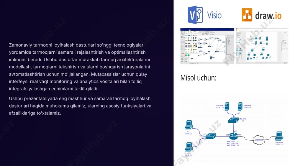 yaratilgan xaritalarni turli formatlarga eksport qilish va tahlillarni boshqarish imkoniyati. 5 netbrain — dinamik tarmoq diagnostikasi tarmoq avtomatlashtirish netbrain tarmoq topologiyasini dinamik tarzda ishlab chiqadi va telemetriya ma'lumotlarini avtomatik yig'adi. diagnostika vositalari vizual diagrammalar yordamida tarmoq muammolarini tez aniqlash va bartaraf etish imkoniyati beradi. integratsiya imkoniyatlari boshqa tarmoq va xavfsizlik boshqaruv vositalari bilan oson integratsiyalashadi. 6 gns3 — tarmoq simulatsiyasi va testlash bepul va ochiq kodli gns3 developerlar va tarmoq mutaxassislari uchun qulay, bepul platforma bo'lib, virtual qurilmalar bilan ishlash imkonini beradi. real qurilmalar bilan moslik fizik tarmoq qurilmalari bilan integratsiyalashgan holda murakkab tarmoq arxitekturasi testlarini o'tkazish imkonini beradi. 7 microsoft visio — tarmoq diagrammalari yaratish diagrammalar yaratish visio tarmoq qurilmalari va aloqalarining vizual tasvirlarini yaratish uchun keng qo'llaniladi. shablon va formalardan foydalanish ko‘plab tayyor shablonlar va diagramma elementlari tezkor loyihalashga yordam beradi. integratsiyalashgan ish jarayoni microsoft office mahsulotlari bilan integratsiya qilinib, hamkorlikni osonlashtiradi. 8 solarwinds network performance monitor 1 …
