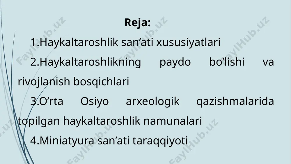 ret), tors, haykal (odam gavdasining natural kattalikda ishlangan koʻrinishi), haykalcha (natural kattaligidan kichik boʻlgan haykallar), koloss (haddan ortiq kattalikda ishlangan haykallar, masalan, rodos kolossi), janrli haykal (muayyan muhitda tasvirlangan odam yoki odamlar guruhi) va boshqa koʻrinishda boʻladi. kichik shakllar haykaltaroshlikdagi oʻz xarakteriga koʻra amaliy bezak sanʼatiga yaqin turadi. bunga stol ustiga qoʻyiladigan sopol, chinni va boshqa xom ashyolardan ishlanadigan haykallar kiradi. eng koʻp tarqalgan turlaridan biri terrakota; medal yasash san’ati va gliptika ham shu turga mansub. haykaltaroshlik asarlari uchun tosh, granit, bronza, marmar, yogʻoch, metall (oltin, kumush, pikel kabi qimmatbaho metallar) sement, gips kabi turli materiallar ishlatiladi. haykaltaroshlikda tanlangan xomashyo uning rangini belgilaydi. haykaltaroshlik asarlari yaratishda yumshoq moddalar (maxsus loy, mum, plastilin va boshqalar), qattiq moddalar (turli nav toshlar, yogʻoch va boshqalar)dan kesib (yoʻnib) yoki oʻymakorlik bilan keraksiz qismlarini olib tashlash yoʻli bilan yaratiladi; suyuq holatdan qattiq holatga oʻtish xususiyatiga ega boʻlgan moddalar (turli metall, gips, beton va boshqalar)dan qolip …