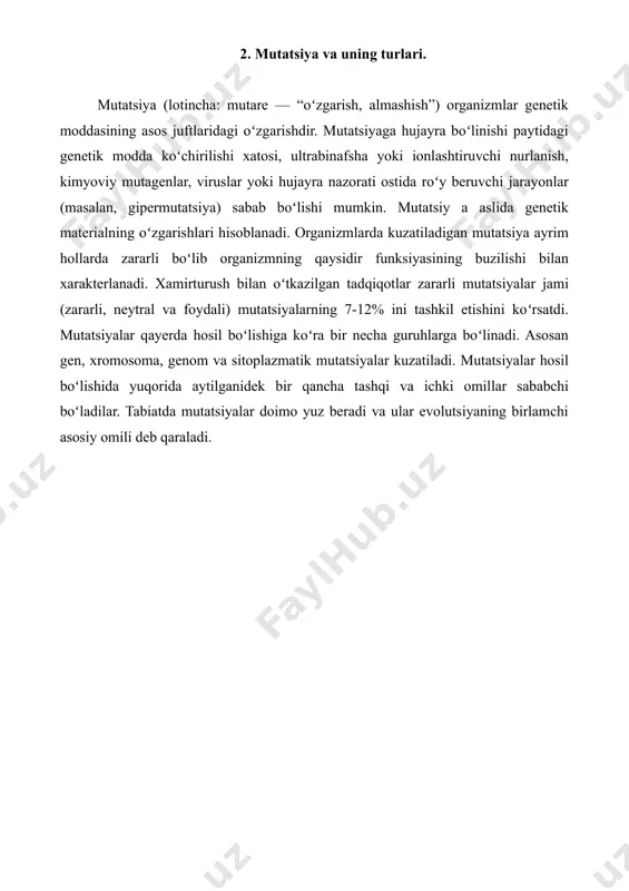 arib, yaxlit organizmda kasallik holatining shakllanishi hamda shu kasallik belgilarining yuzaga chiqishiga olib keladi. fermentopatiya yoki moddalar almashinuvining “tug’ma” buzilishi to’g’risidagi tushuncha 1909 yilda garrod tomonidan keltirilgan edi. fermentopatiyaning muhim belgisi ferment yetishmovchiligi natijasida zanjir va moddalar almashinuvining blokirlanishiga olib kelishi hisoblanadi. masalan, hujayrada e1, e2, e3 fermentlari yordamida katalizlanadigan a substratdan d substrat hosil bo’lish zanjir reaktsiyasi amalga oshadi: e1 e2 e3 a→ b → c → d masalan, e2 fermentning yetishmovchiligi bu zanjir reaktsiyani blokirlaydi va metaboliik vaziyatga tushirib qo’yadi, unda blokirovka bo’lgan moddaning miqdori oshadi, undan keyingisi esa kamayadi yoki butunlay hosil bo’lmaydi: e1 e2 e3 a → b ⁯→ c → d to’planadi blok kamayadi kasallik faqat quyidagi holatlarda rivojlanishi mumkin: 1) ferment blokadasi oqibatida to’planib qolgan b modda hujayra uchun zaharli bo’lsa yoki to’plangan modda miqdori hujayra ichi bo’shlig’ida ko’p joyni egallasa hamda hujayraning o’ziga xos vazifalarini bajarishiga xalaqit bersa, ro’y berishi mumkin. moddalarning bunday …