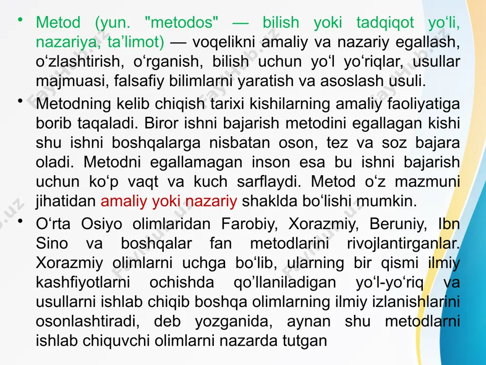 t metodi psixologiyaning asosiy metodi hisoblanadi. xususan, tadqiqotchi ma'lum bir aqliy hodisaning namoyon bo'lishi uchun sharoitlarni yaratadi (ta’sir ko‘rsatadi). bunday holda, uning paydo bo'lishi va dinamikasiga individual omillarning ta'siri belgilanadi. tegishli dinamikani aniqlash uchun tajriba zarur bo'lganda bir necha marta o'tkaziladi. eksperiment metodi 2 ga bo’linadi tabiiy eksperiment metodi - tabiiy tajriba metodlarining ilmiy asoslarini 1910 yilda rus psixologi a.f.lazurskiy tomonidan ishlab chiqiigan. u kichik maktab yoshidagi bola shaxsining shakllanishini o ’rganish maqsadida ushbu metodni qo’llagan. tabiiy metoddan ishlab chiqarish jamoalari a'zolarining, ilmiy muassasalar xodimlarining, o’qituvchilar, keksaygan kishilaming psixologik o’zgarishlari. o ’zaro munosabatlari, ish qobiliyatlari, mutaxassislikka yaroqliligi muammo-larini hal qilish jarayonida foydalanish nazarda tutiladi. eksperimental metodni birinchi marta fiziolog veber (1795–1878)va fizik fexner (1801–1887), sezgilarni tekshirishda qo‘llanilgan eksperimental tadqiqot usullarini vilgelm vundt (1832–1920) mukammal ishlab chiqqan. 1879-yilda v. vundt leypsig universiteti huzurida eksperimental psixologiya bo‘yicha birinchi laboratoriyani ochgan.laboratoriya (klinika) eksperimenti metodining asosiy xususiyati, shundan iboratki bunda o ’rganilishi lozim bo’lgan …