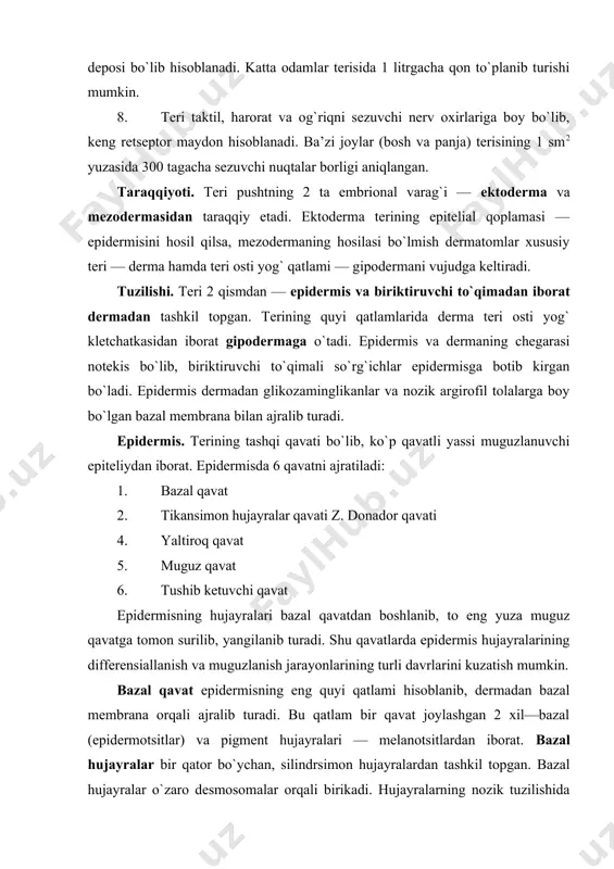 adi. hujayralarning nozik tuzilishida barcha organellalar qatori yadro atrofida va desmosoma sohasida joylashgan tonofibrillalar yaqqol ko`zga tashlanadi. bazal qavatda ko`plab mitoz yo`l bilan bo`linayotgan hujayralar uchraydi. pigment hujayralar — melanotsitlar teri pigmenti — melanin sintez qiladigan hujayralardir. bazal epidermotsitlarda ham pigment donachalari bo`lishi mumkin, bu donachalar hujayralarga melanotsitlarning o`simtalari orqali o`tib qolishidan yuzaga keladi. uzi pigment ishlamaydigan, lekin melanin tutuvchi bunday hujayralar melanoforlar deb ataladi. epidermisning ikkinchi — tikanaksimon hujayralar qavati bazal qavat ustida joylashgan 5—10 qavat hujayralardan iborat. tikanaksimon hujayralar juda ko`p sitoplazmatik o`simtalarga ega bo`lib, shu o`simtalar orqali hujayralar bir-biri bilan desmosomalar hosil qilib bog`langan. bu hujayralar sitoplazmasida tonofibrillalar yaxshi rivojlanib, ular desmosomalarga tutashib ketadi. tikanaksimon hujayralar qavatining quyi — bazal qavatga yaqin joylashgan qatlamlarida mitoz yo`li bilan bo`linayotgan hujayralar uchraydi. shuning uchun ham bazal va tikanaksimon hujayralar qavatlari epidermisning o`suvchi— malpigi qavatini tashkil etadi. o`suvchi qavat hisobiga epidermis hujayralarining 19—20 kun ichida almashinib turishi (fiziologik reteneratsiyasi) kuzatiladi. …