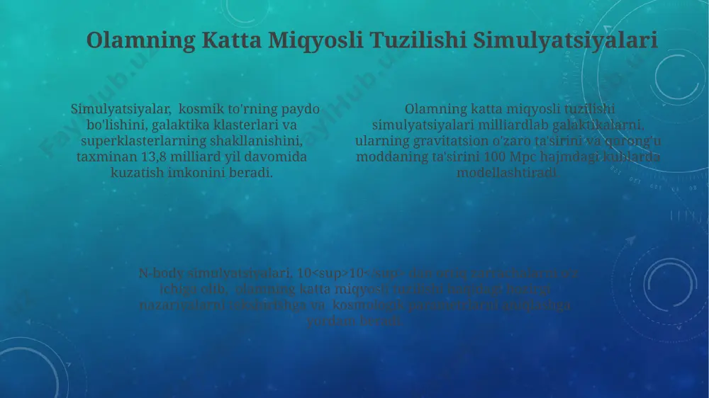 lqin uzunligi olamning tarkibi va kengayish tarixi haqida ma'lumot beradi. baryon akustik tebranishlari kuzatishlari kosmik mikroto'lqinli fon radiatsiyasi (cmb) anizotropiyasi bilan birgalikda olamning keng miqyosdagi tuzilishi haqida muhim ma'lumotlar beradi, masalan, olamning zichligi parametrini (ωm ≈ 0.3) aniqlashga yordam beradi. baryon akustik tebranishlari taxminan 150 mpc (megaparsek) miqyosidagi galaktika klasterlarining o'rtacha masofasini o'lchash orqali olamning kengayish tezligini aniqlash imkonini beradi. galaktikalar galaktikalar milliardlab yulduzlar, gaz va changdan tashkil topgan boʻlib, gravitatsiya kuchi ularni birlashtirib turadi, diametri oʻn mingdan yuz ming yorugʻlik yiligacha yetishi mumkin. galaktikalar klasterlar va superklasterlar deb ataladigan ulkan tuzilmalarga birlashib, kosmik torni hosil qiladi, ular orasidagi boʻshliqlar esa "boʻshliqlar" deb nomlanadi. spiral, elliptik va nosimmetrik kabi turli morfologik sinflarga boʻlinadigan galaktikalar soni kuzatiladigan olamda 100 milliarddan ortiq deb taxmin qilinadi. e'tiboringiz uchun rahmat @taqdimot_robot image3.png