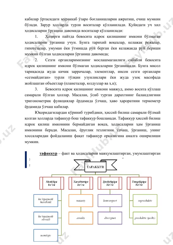 рли бўлса, етарли хамма маълумот ва воситаларга эга бўлсак, биз «ўйламаймиз». тафаккур жараёни муаммо пайдо бўлса, муаммоли вазиятда пайдо бўлади. муаммоли вазият – бирор масалани ечиш учун зарур билимлар, восита ёки маълумот, малакаларнинг етишмаслиги билан боғлиқ бўлади. муаммоли вазиятда бизнинг аввалги восита ва усулларимиз етишмай қолади. шу сабабли оддий, тушунарли, ўзида янгиликни акс эттирмайдиган маълумотни эшитаётган талаба ва ўқувчи фикрламайди. уларни фикрлашга ундаш учун муаммоли вазият яратиш керак. келиб чиқиш ва ривожланиш бўйича тафаккур ижтимоий табиатга эга. чунки билишнинг барча воситалари, усуллари ва манбалари инсон томонидан яратилган моддий ва маънавий бойликлар билан боғлиқдир. одамнинг ақлий тараққиёти инсониятнинг ижтимоий-тарихий тараққиёти давомида тўпланган билимларни ўзлаштриш жараёнида амалга ошади. бу ерда шахснинг фаоллигини инкор қилмаймиз. мавжуд, тайёр билимларни ўзлаштириш боладан фикрий зўр бериш, ижодий ишлаш, янгилик очишни тақозо қилади. акс ҳолда ўзлаштирилган билим юзаки, механистик бўлиб қолади. тафаккурнинг мантиқий шакллари.психология фани мантиқ фани билан биргаликда тафаккурнинг мантиқий шаклларини ўрганди. тафаккурнинг мантиқий шакллари–тушунча, ҳукм …