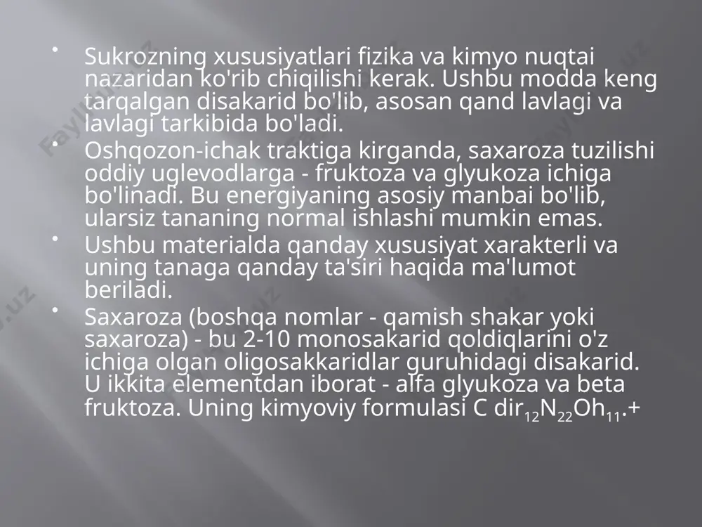 ) sharbatni qaynatish; 7) sharbatdan quyuq xolga kelguncha asta bug'latish; 8) kristalllalni ajratish, sentrifugalash,oqartirish; 9) shakarni quritish; 10) tayyor mahsulotni qadoqlash va saqlash. qand lavlagini zavodga uzatish sxemasi quyma oq qand shakarni suvda eritish, filtrlash va utfel deb ataluvchi quyuq massani qaynatib pishirish yo'li bilan olinadi. utfel saxaroza patoka kristalllaridan iboratdir. u qoliplarga quyiladi, oqartiriladi va quritiladi. quritilgandan keyin hosil bo'lgan kalla qand dumaloq qilib qirqiladi, kamida 5 g va ko'pi bilan 40 g kattaligidagi bo'laklarga bo'lib tashlanadi yoki to'g'ri shaklda qirqiladi. shuning uchun ham quyma qand ushatilgan va chaqmoqlangan holda savdoga chiqariladi. shuningdek oq qand ham to'g'ri to'rtburchak shaklida va og'irligi 7,5 g qilib ishlab chiqariladi, ular (1-2 donadan) kichik, bezakli qog'oz xaltachalarga qadoqlab joylanadi. bolalar qandi har xil qushlar, hayvonlar, samolyotlar shaklida ishlab chiqariladi va har xil rangga bo'yaladi. qand tolqoni qo'shimcha mahsulot sifatida quyma qandni qirqish va ushatish vaqtida oqqandni maxsus maydalash yo'li bilan hosil qilinadi. donador …
