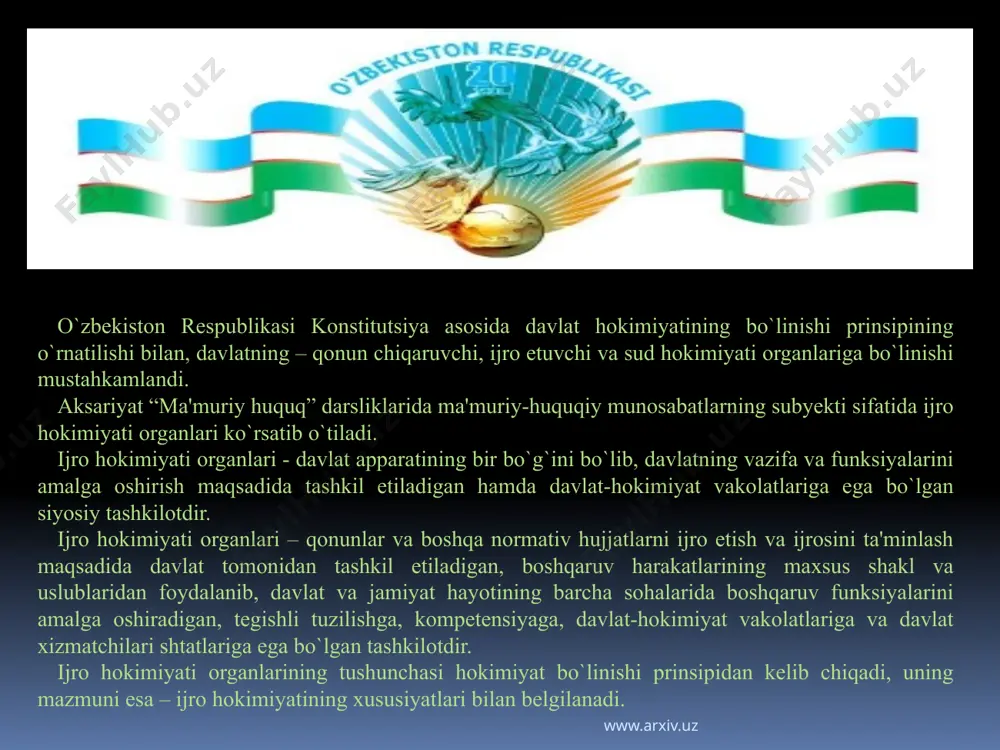 masi tarkibiga o`zbekiston respublikasi bosh vaziri, uning o`rinbosarlari, vazirlar, davlat qo`mitalarining raislari kiradilar. qoraqalpog`iston respublikasi hukumatining boshlig`i o`z lavozimi bo`yicha vazirlar mahkamasi tarkibiga kiradi. vazirlar mahkamasining tarkibi o`zbekiston respublikasining prezidenti tomonidan shakllantiriladi. o`zbekiston respublikasi prezidenti bosh vazir nomzodini ko`rib chiqish va tasdiqlash uchun o`zbekiston respublikasi oliy majlisining palatalariga taqdim etadi hamda uni vazifasidan ozod qiladi. vazirlar mahkamasining a'zolarini bosh vazir taqdimiga binoan o`zbekiston respublikasi prezidenti tasdiqlaydi va vazifasidan ozod qiladi. vazirlar mahkamasi yangi saylangan o`zbekiston respublikasi oliy majlisi oldida o`z vakolatlarini zimmasidan soqit qiladi. www.arxiv.uz vazirlar mahkamasining a'zolari o`zbekiston respublikasi oliy majlisi palatalari majlislarida, palatalarning qo`mitalari majlislarida hozir bo`lish va axborot berishga haqli. o`zbekiston respublikasi oliy majlisining qonunchilik palatasi deputatlari va o`zbekiston respublikasi oliy majlisining senati a'zolari tomonidan vazirlar mahkamasi yoki uning muayyan a'zolari faoliyatiga taalluqli masalalar qo`yilgan taqdirda, bosh vazir shu masalalar yuzasidan zarur tushuntirishlar olish va tushuntirishlar berishga haqli. vazirlar mahkamasi o`zbekiston respublikasi oliy majlisi palatalari qo`mitalarining o`zbekiston …
