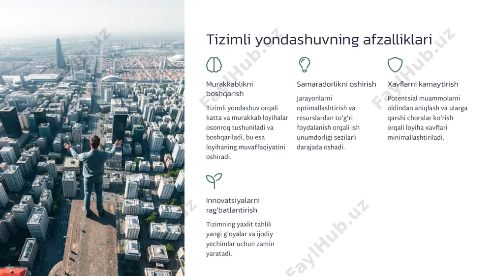 n o'tkazuvchanlik, xavfsizlik talablari o'tkazuvchanlik: soatiga ma'lum miqdordagi transport vositalarini o'tkaza olish. xavfsizlik: baxtsiz hodisalar sonini ma'lum foizga kamaytirish. tezlik: sayohat vaqtini belgilangan me'yorlarda ushlab turish. talablar to'g'ri aniqlansa, loyihaning keyingi bosqichlarida katta xatolar va qayta ishlar oldi olinadi. 6 tizimni loyihalash tizim arxitekturasini yaratish tizimning umumiy tuzilishini va komponentlarining o'zaro joylashuvini belgilash. tizim elementlarini loyihalash har bir alohida komponentning ichki tuzilishi va funktsiyalarini batafsil ishlab chiqish. interfeyslarni aniqlash komponentlar orasidagi va tizim bilan tashqi dunyo orasidagi aloqa nuqtalarini belgilash. ma'lumotlar tuzilmalarini loyihalash tizimda foydalaniladigan ma'lumotlarning tashkil qilinishi va saqlanishini rejalashtirish. transport tizimi misolida, bu bosqich yo'llar, ko'priklar, signallar, sensorlar va aqlli dasturiy ta'minot kabi infratuzilma elementlarining o'zaro bog'liqligini loyihalashni o'z ichiga oladi. ular bir-biri bilan qanday aloqa qilishini va umumiy maqsadga xizmat qilishini aniqlash muhimdir. 7 tizimni amalga oshirish tizim elementlarini yaratish loyihalashtirilgan komponentlarni, masalan, yo'l qismlari, sensorlar va kameralarni fizik jihatdan qurish yoki sotib olish. dasturiy ta'minotni ishlab …