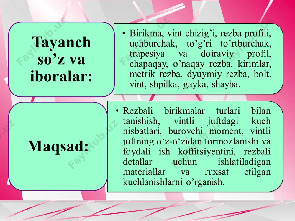 hqi diametri; d1-ichki diametri; d2-rezbaning o’rta diametri; r-rezba qadami (o’q yo’nalishida ikkita qo’shni o’ramlarning bir xil tomonlari orasidagi masofa); r1-rezba yo’li (o’q yo’nalishida bitta o’ramning bir xil tomonlari orasidagi masofa; bir kirimli rezbalarda r=r1 ko’p kirimli rezbalarda r1 =n∙r; bu erda: n-kirimlar soni); α -rezbaning profil burchagi; ψ-rezbaning ko’tarilish burchagi (4-rasm) 4-rasm. rezbaning ko’tarilish burchagini aniqlash sxemasi rezbalarning asosiy turlari. rezbalarning vazifasiga ko’ra mahkamlovchi va vintli mexanizmlar uchun rezbalarga bo’linadi. mahkamlovchi rezbalar: uchburchak profilli metrik rezba – asosiy mahkamlovchi rezba (3-rasm); profili uchburchakli, rezbasining uchi va tubi doirasimon bo’lgan quvur rezba (5-rasm, a); doiraviy rezba (5-rasm, b); yog’och uchun vint rezbasi (5-rasm, v). 5-rasm. mahkamlovchi rezbalar vintli mexanizmlar rezbasi: to’g’ri burchakli (6-rasm, a); trapesiyali simmetrik (6-rasm, b); trapesiyali nosimmetrik (6-rasm, v). 6-rasm. vintli mexanizmlar rezbasi rezba profilini tanlash. rezba profili ko’p omillar orqali aniqlanadi, ulardan muhimlari: mustahkamlik, texnologiklik va rezbadagi ishqalanish kuchi. shunday ekan, mahkamlovchi rezba yuqori mustahkamlikka va mahkamlovchi …
